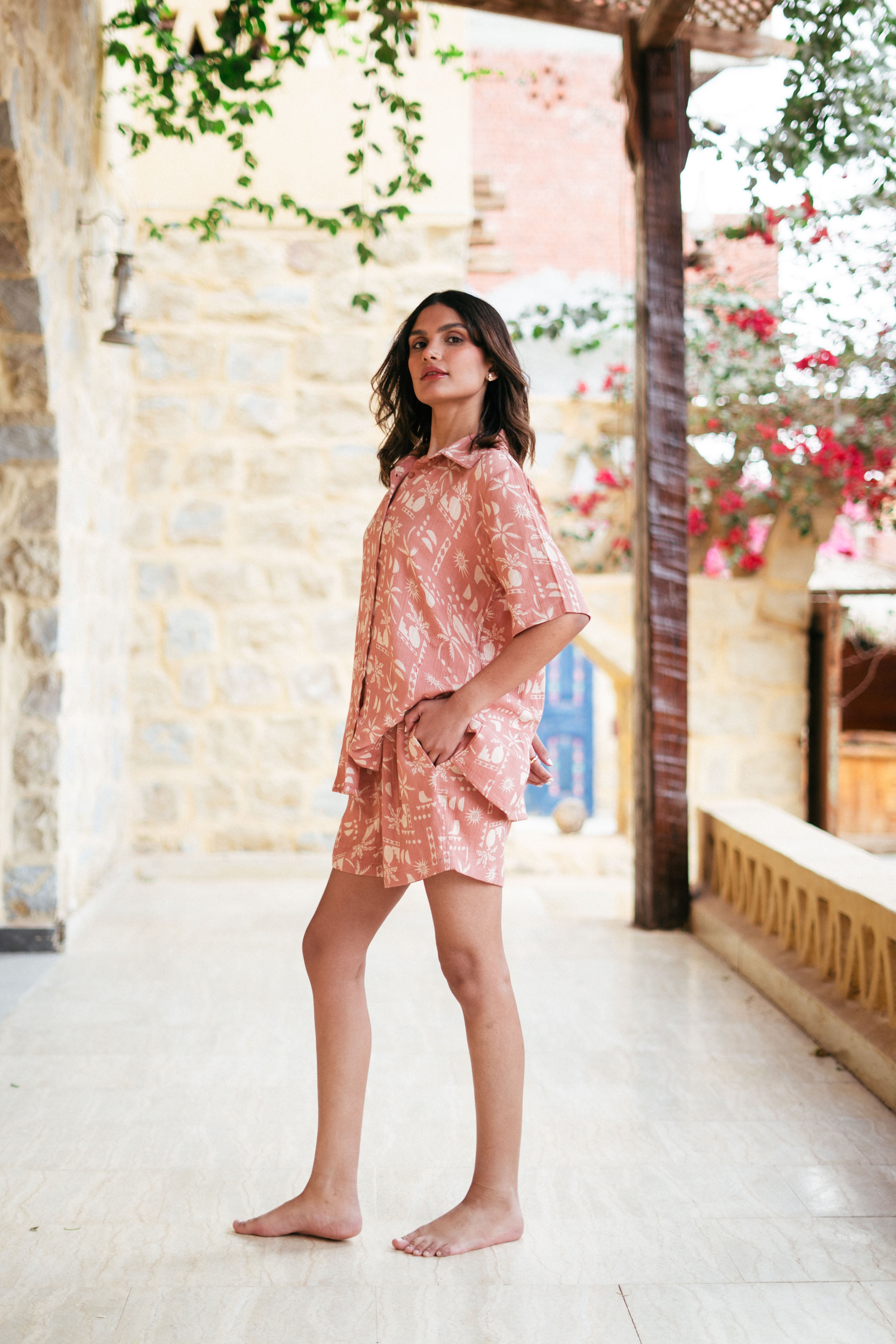 Brown Shirt Collar Abstract Printed Pure Cotton Night Suit