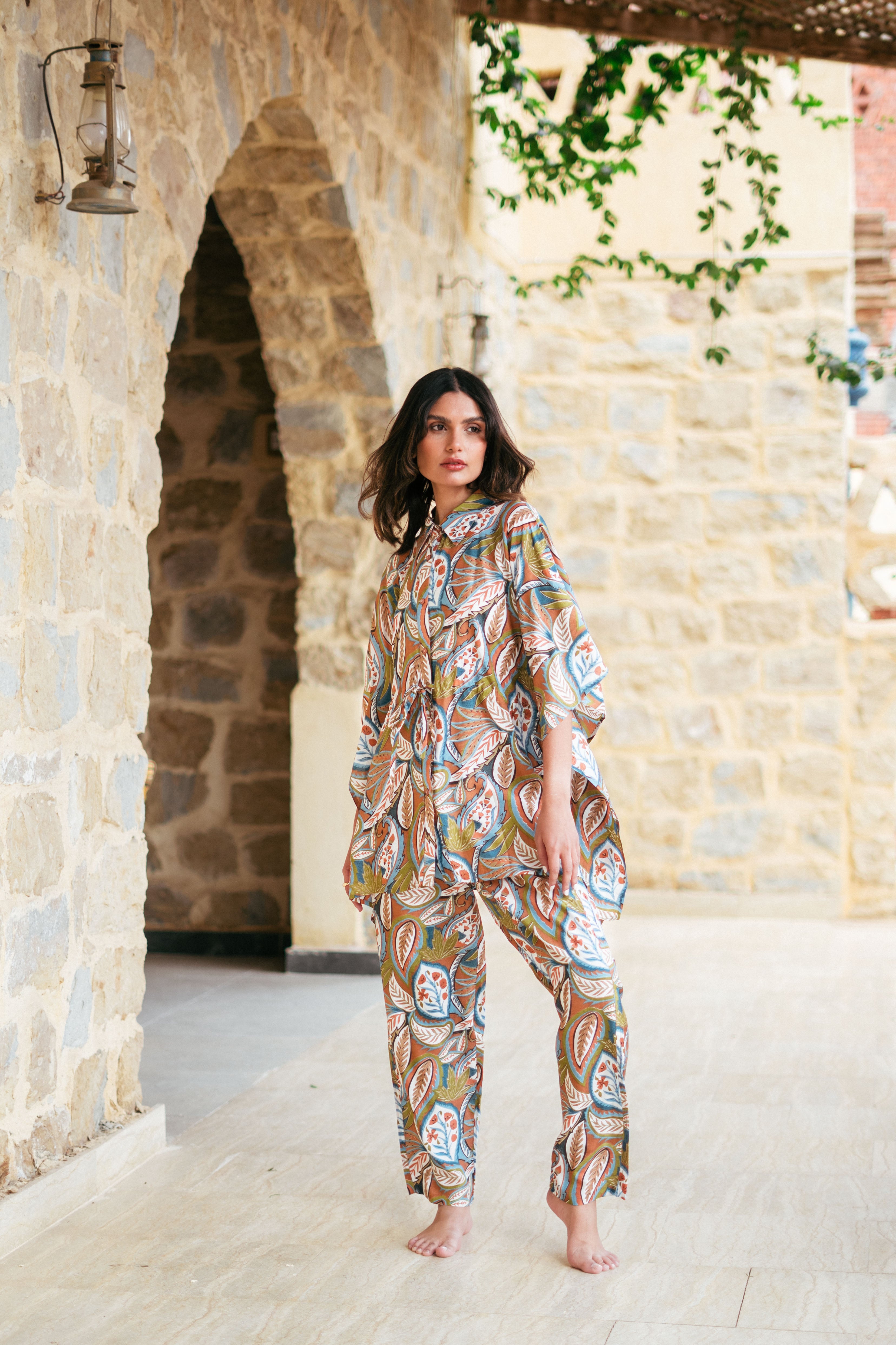 Green Shirt Collar Viscose Rayon Printed Co-Ords Set