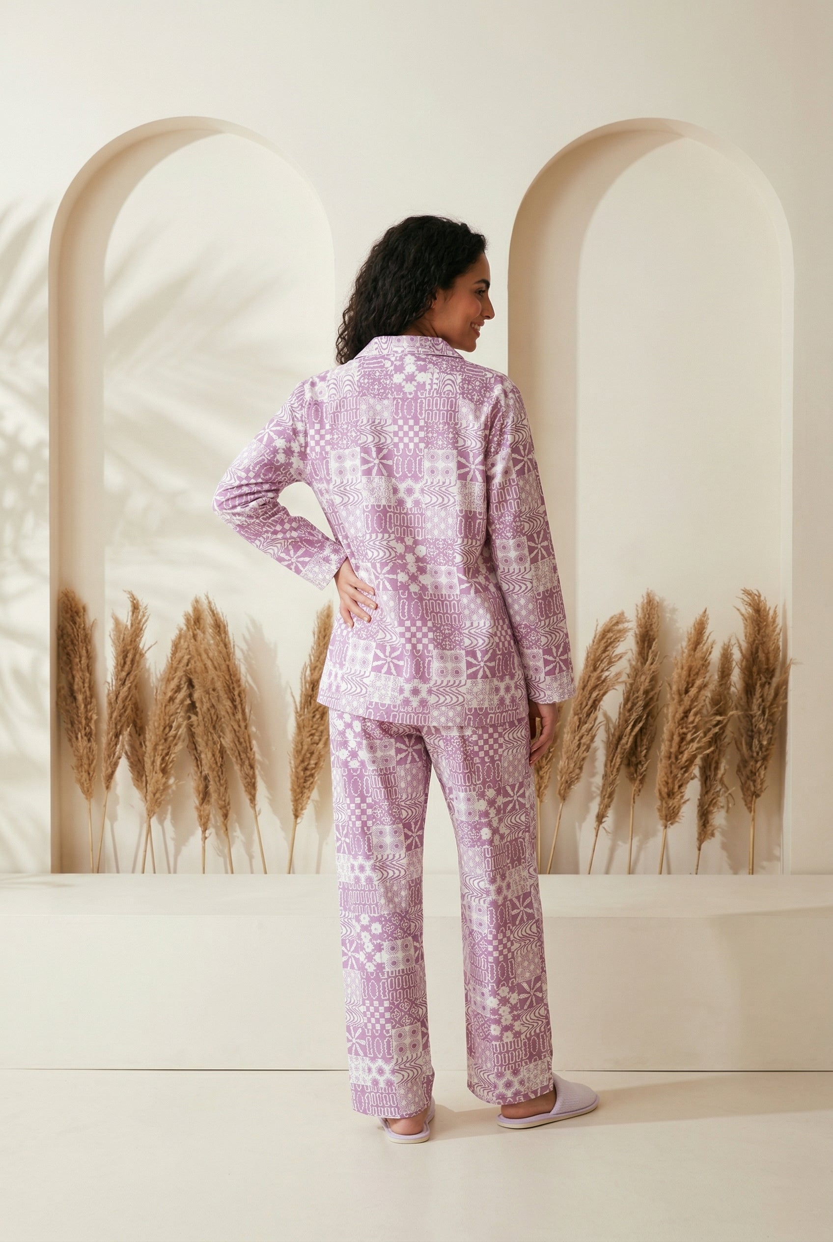 Purple Abstract Print Shirt Collar Pure Cotton Night Suit For Women