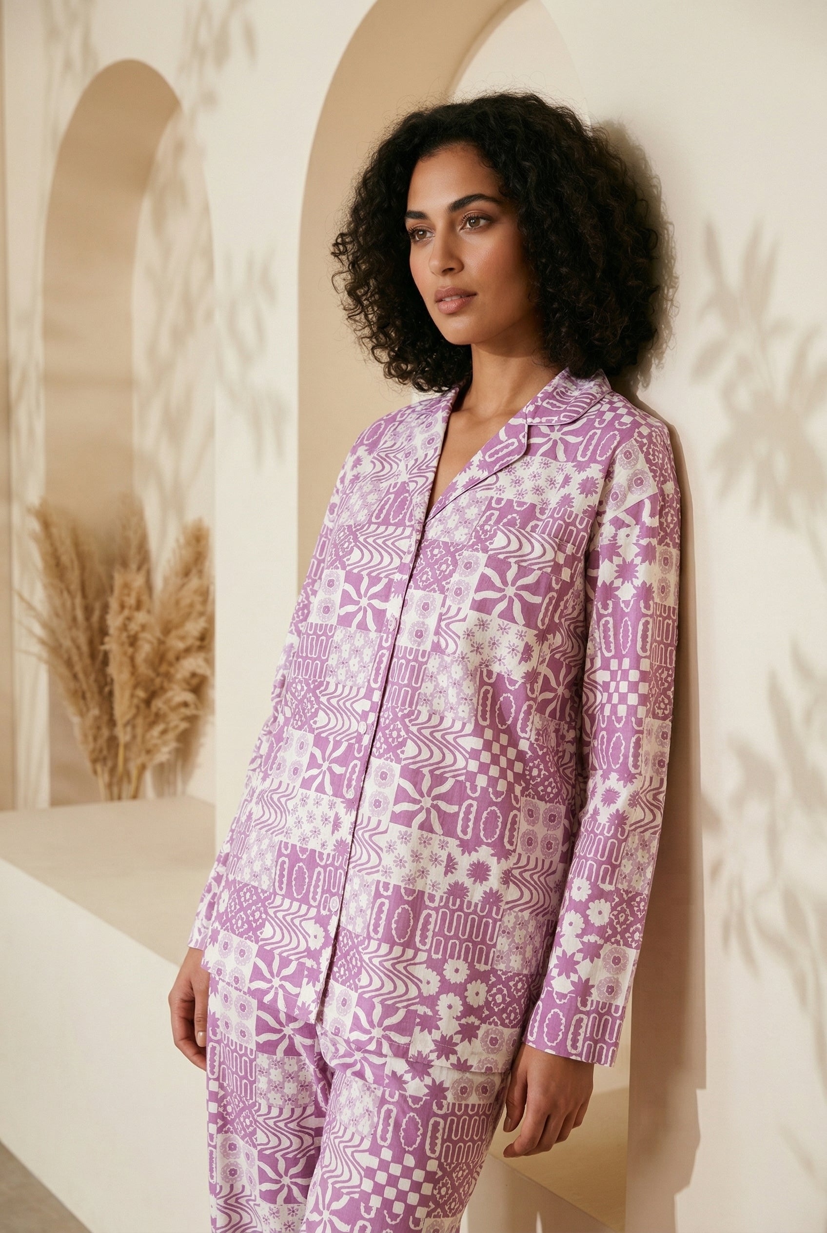 Purple Abstract Print Shirt Collar Pure Cotton Night Suit For Women