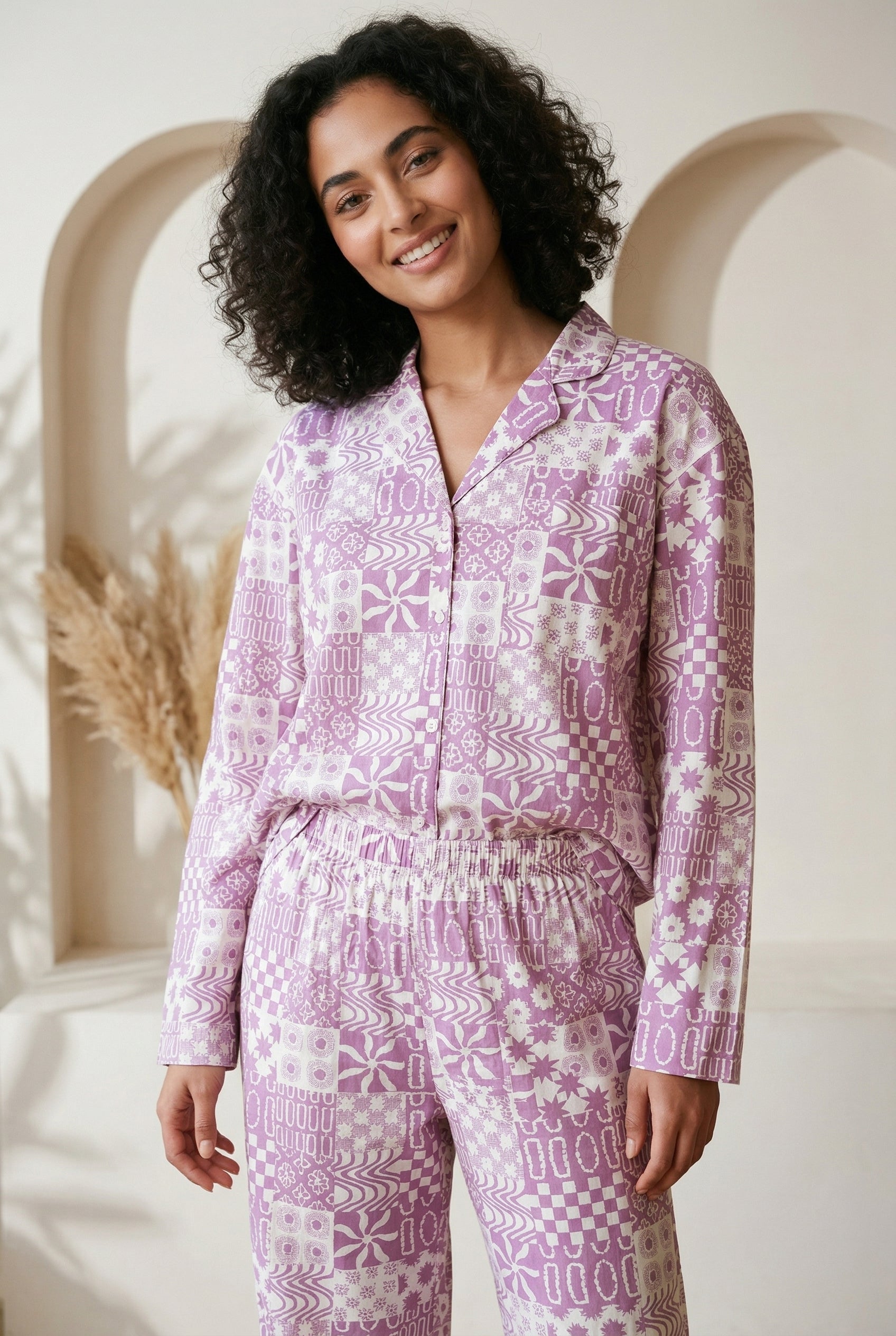 Purple Abstract Print Shirt Collar Pure Cotton Night Suit For Women
