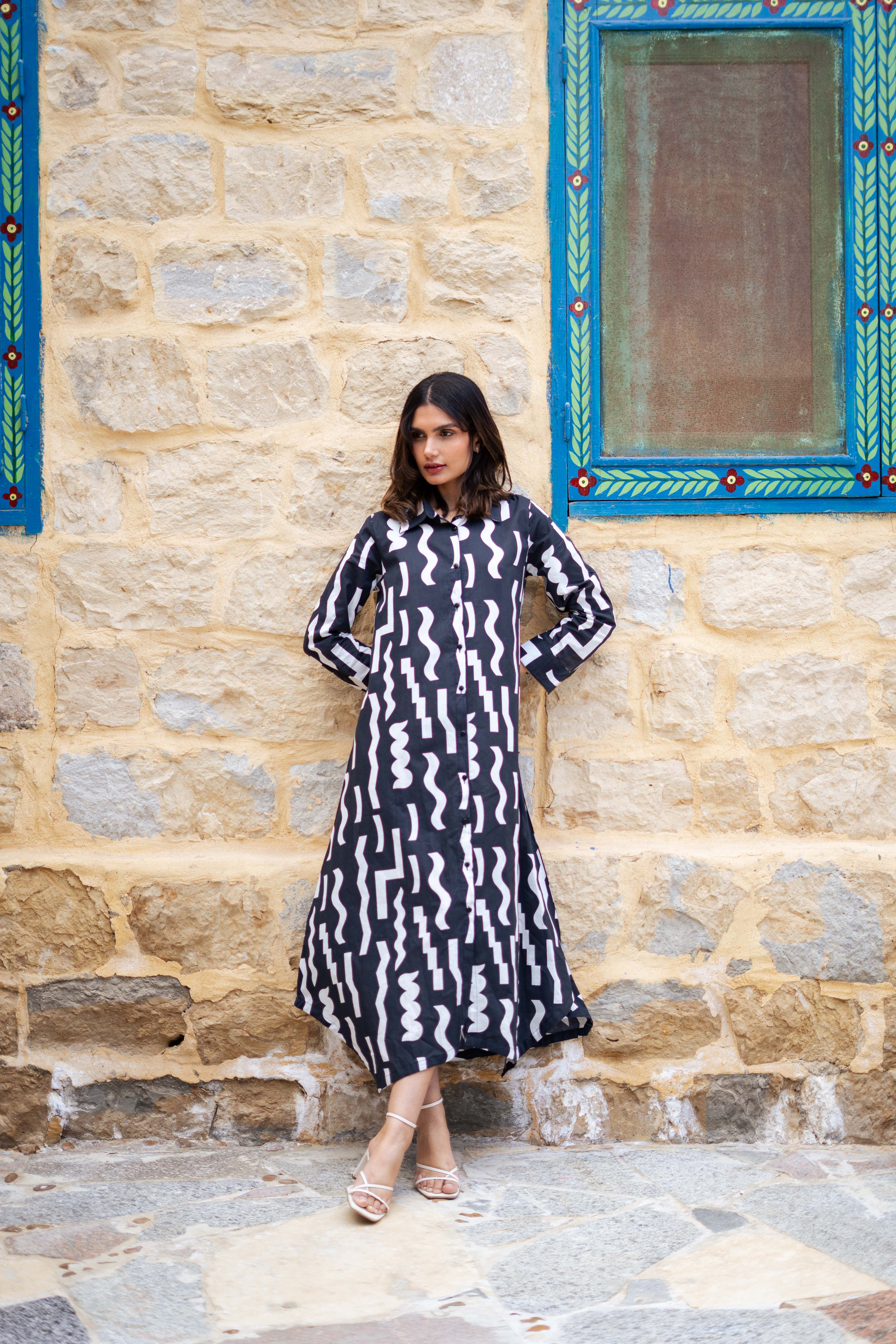 Black Cotton Shirt Collar Abstract Printed Dress For Women