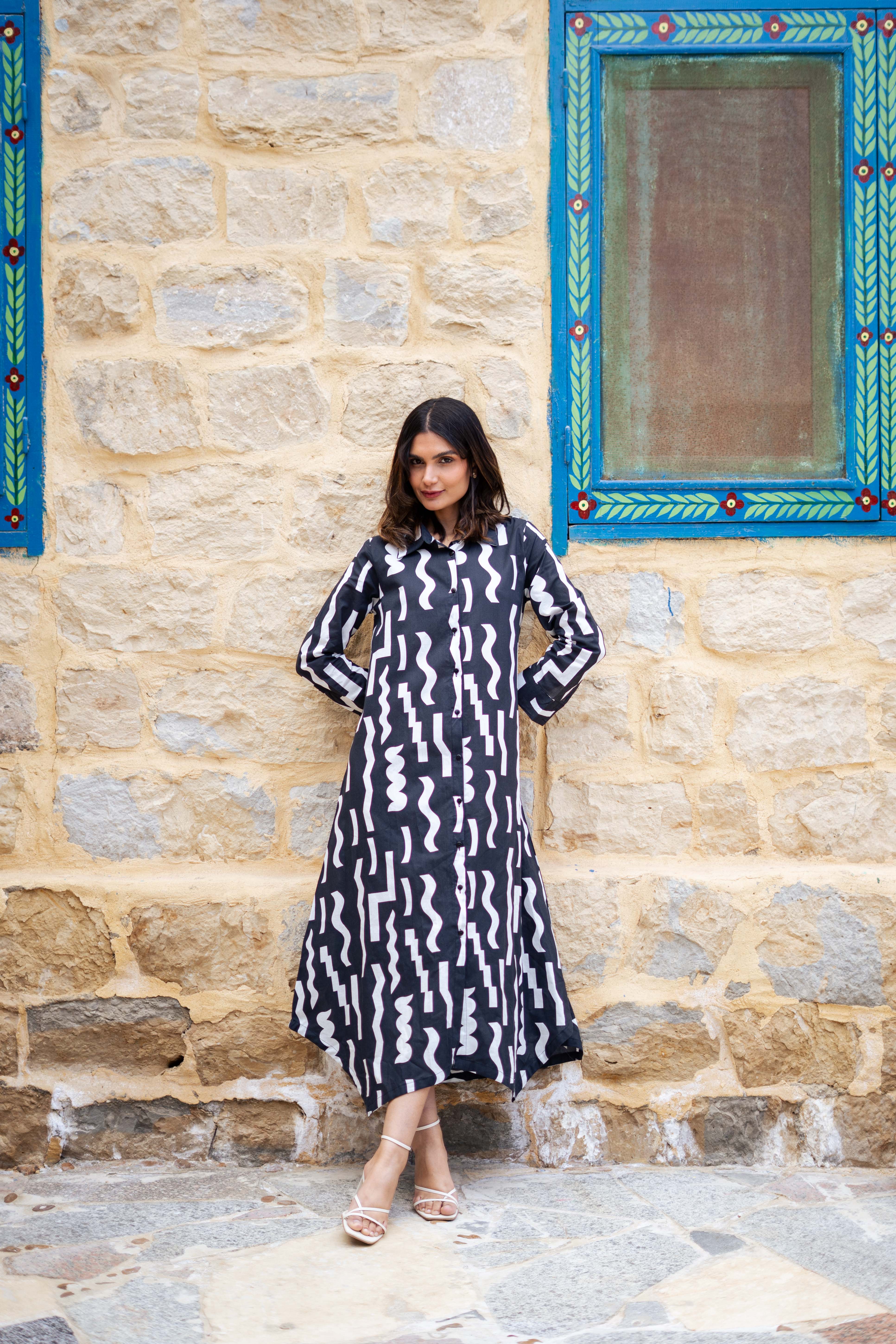 Black Cotton Shirt Collar Abstract Printed Dress For Women