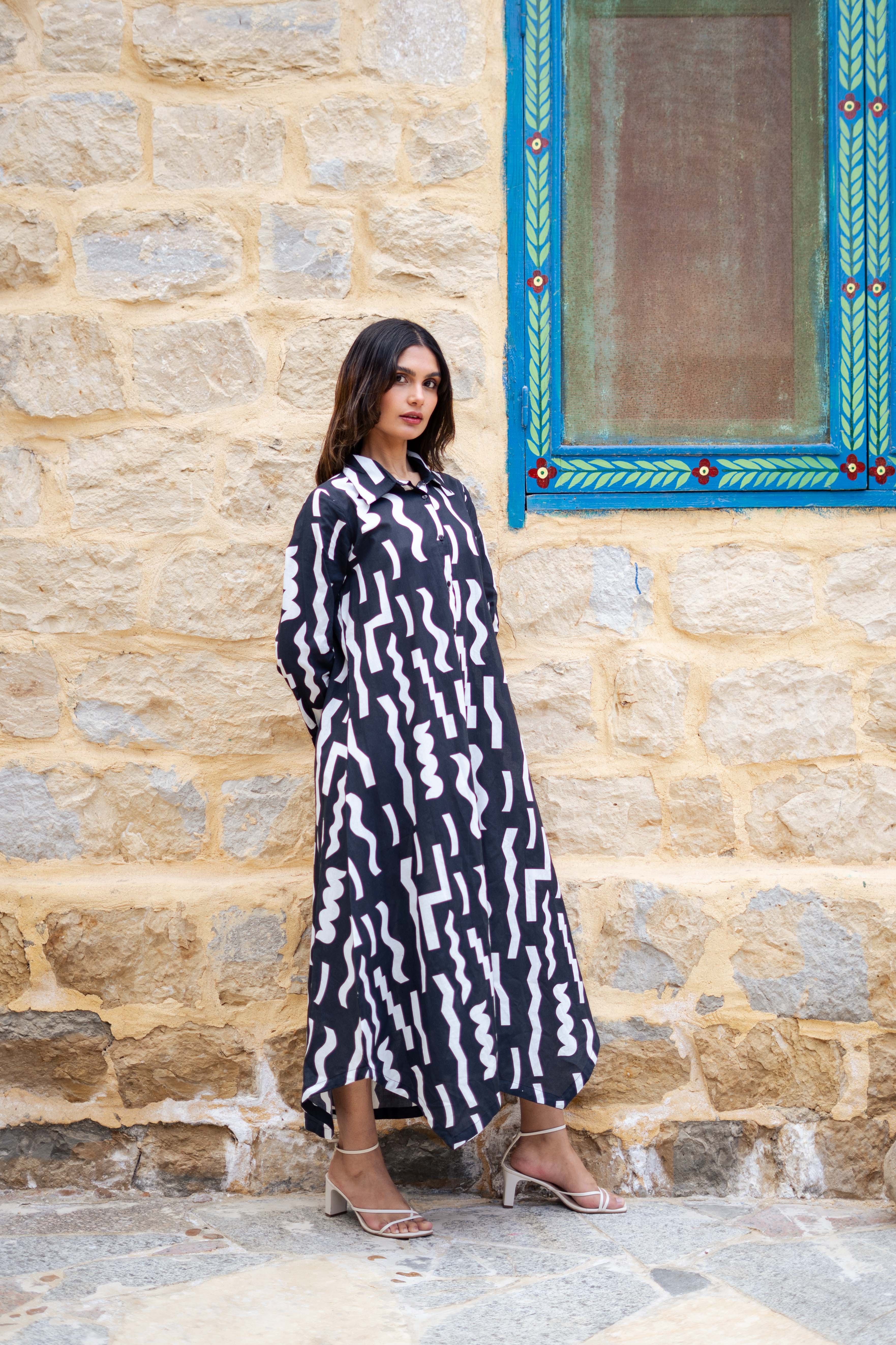 Black Cotton Shirt Collar Abstract Printed Dress For Women