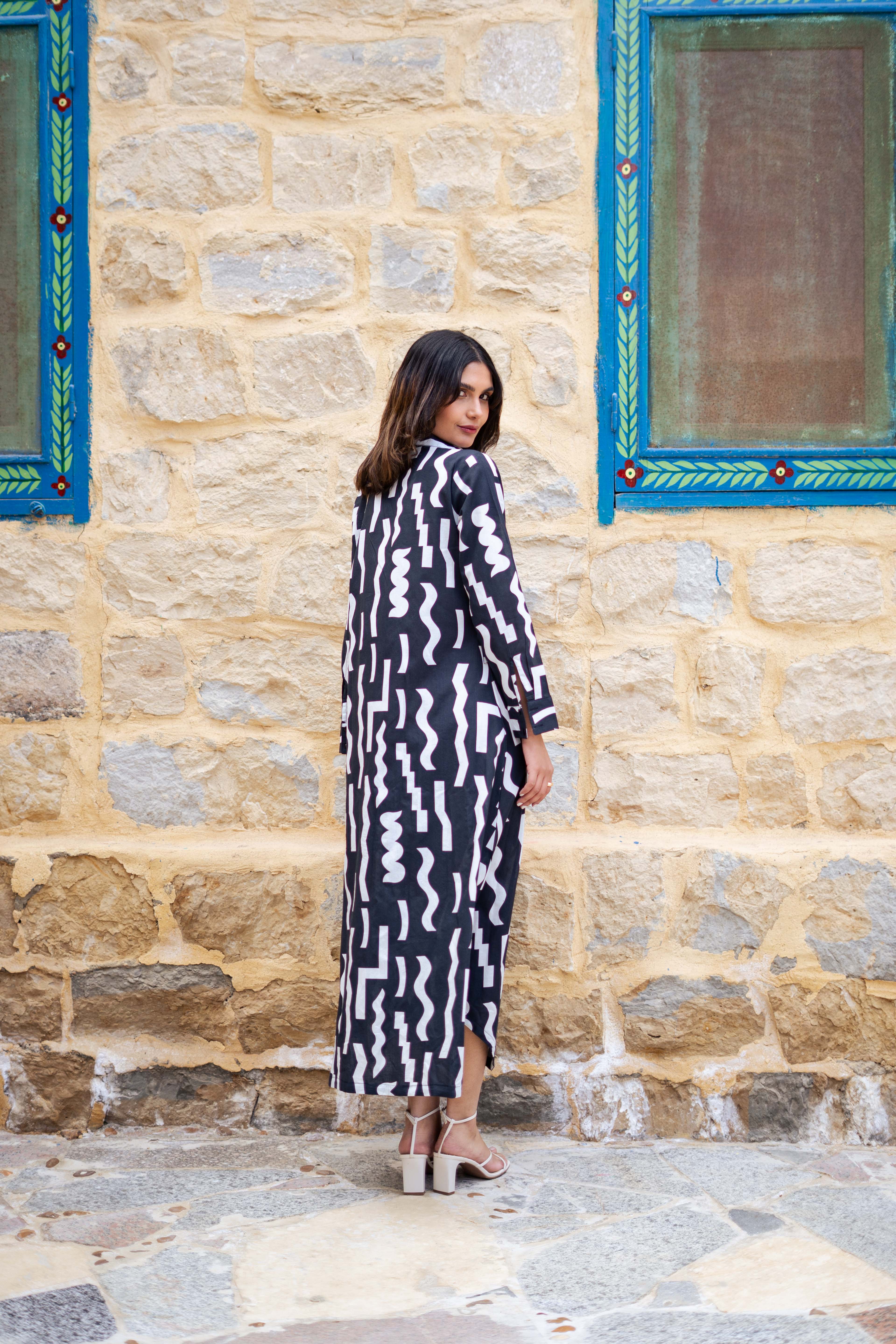 Black Cotton Shirt Collar Abstract Printed Dress For Women