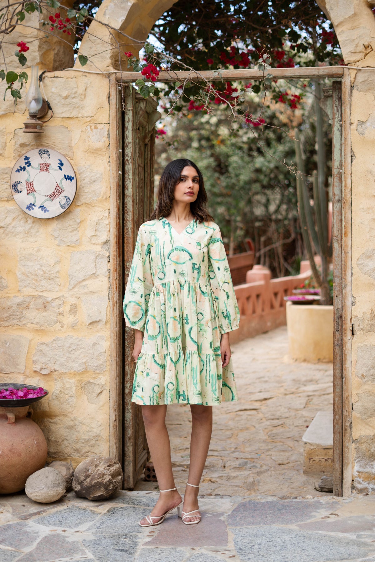 Green Cotton V-Neck Abstract Printed Dress