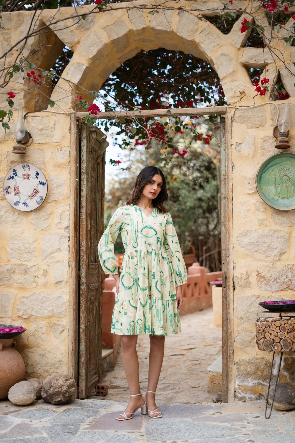 Green Cotton V-Neck Abstract Printed Dress