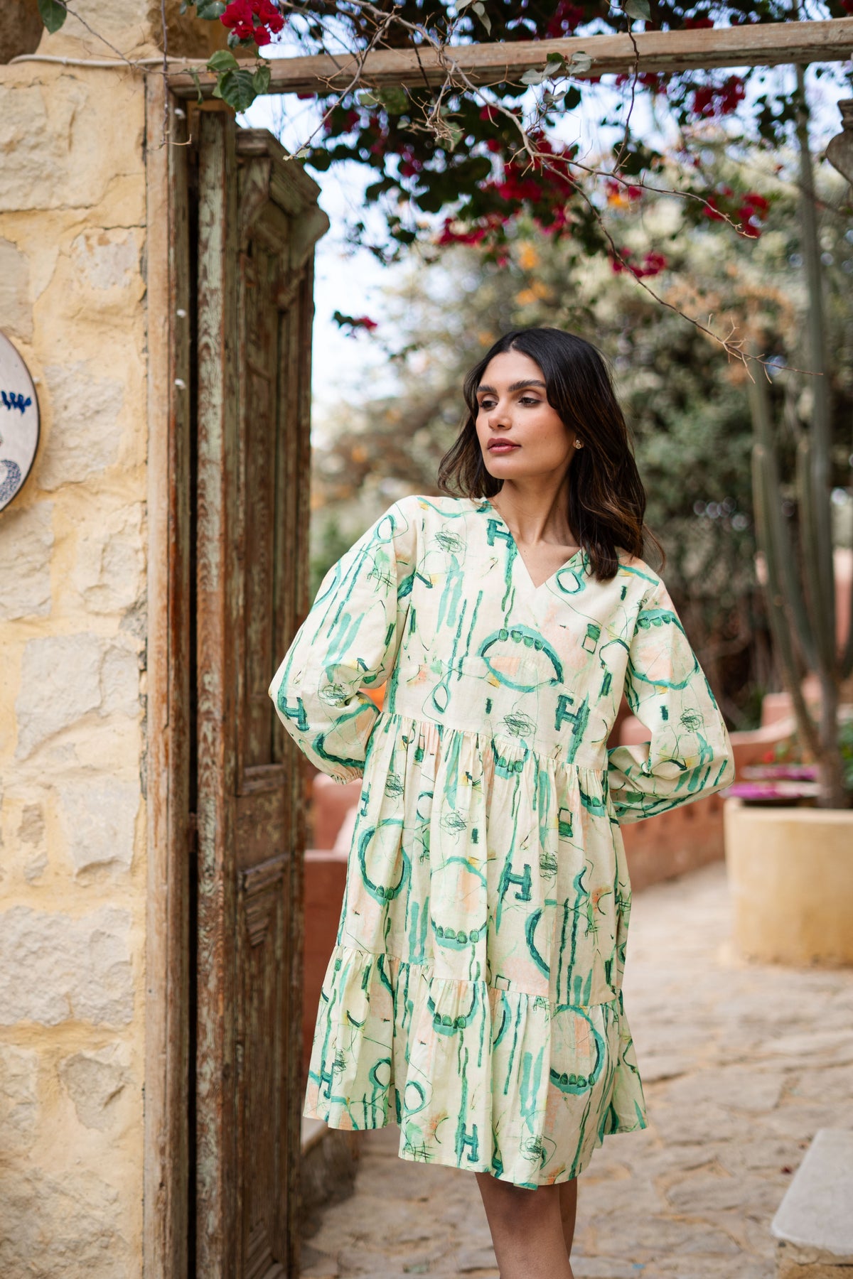 Green Cotton V-Neck Abstract Printed Dress