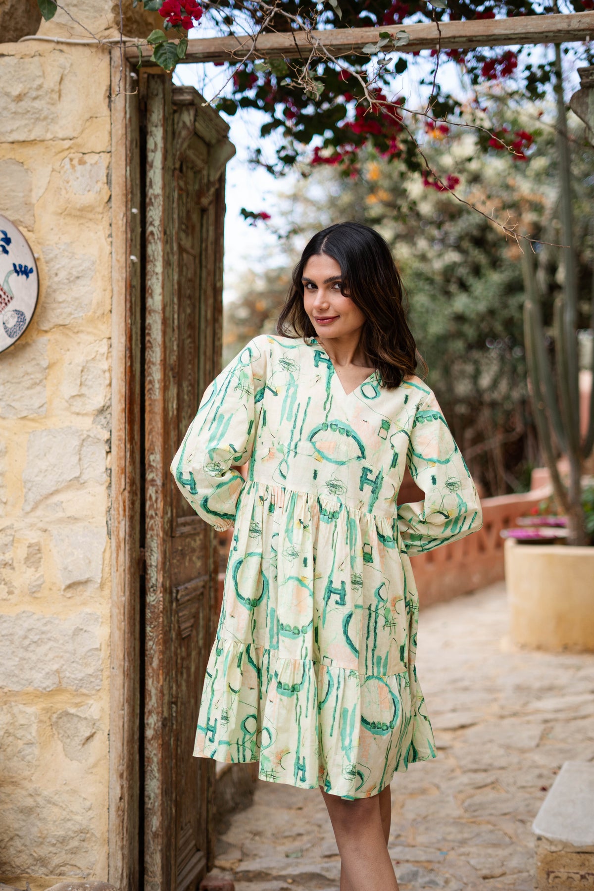 Green Cotton V-Neck Abstract Printed Dress