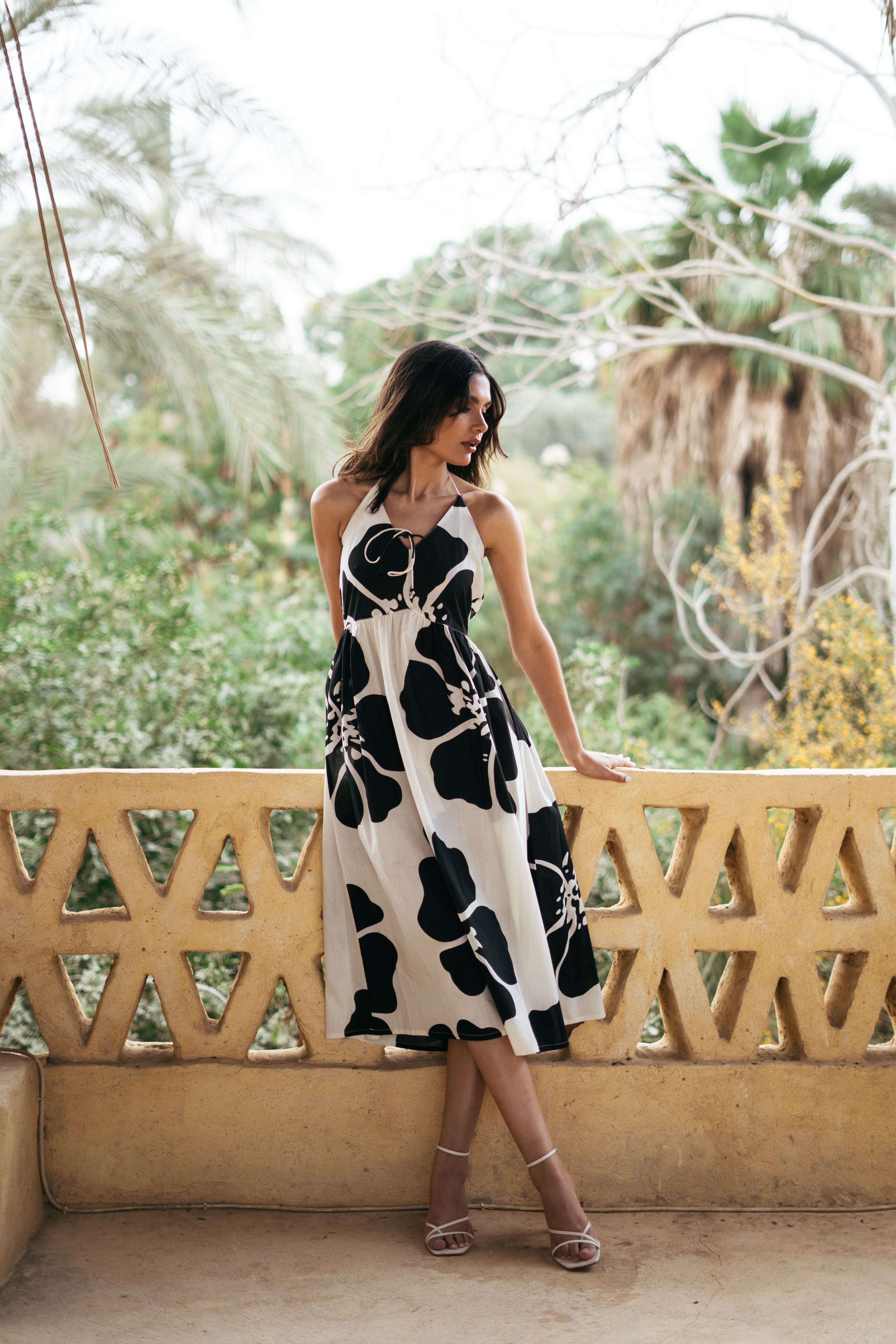 Black Pure Cotton Printed Tie Up Neck Dress For Women