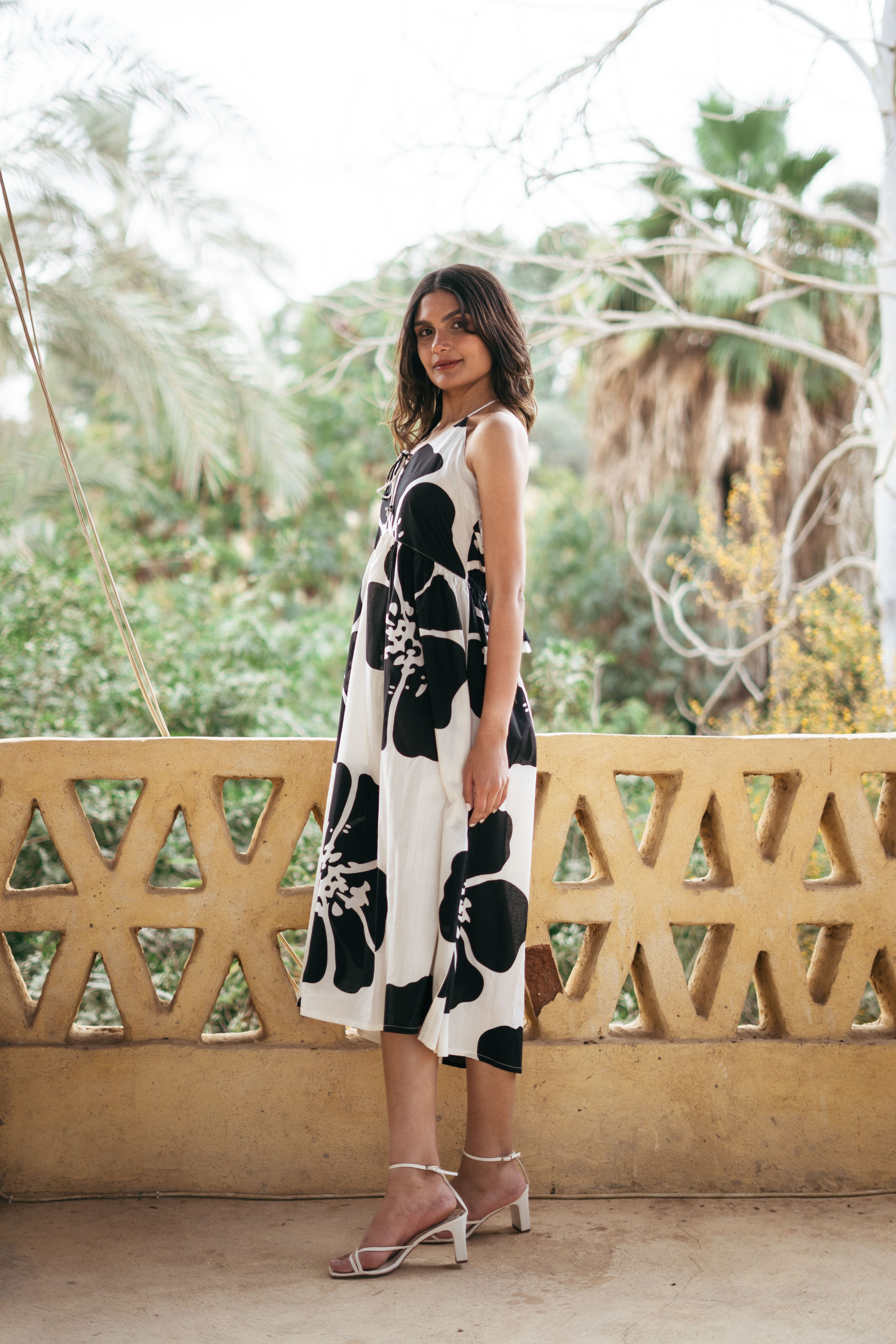 Black Pure Cotton Printed Tie Up Neck Dress For Women
