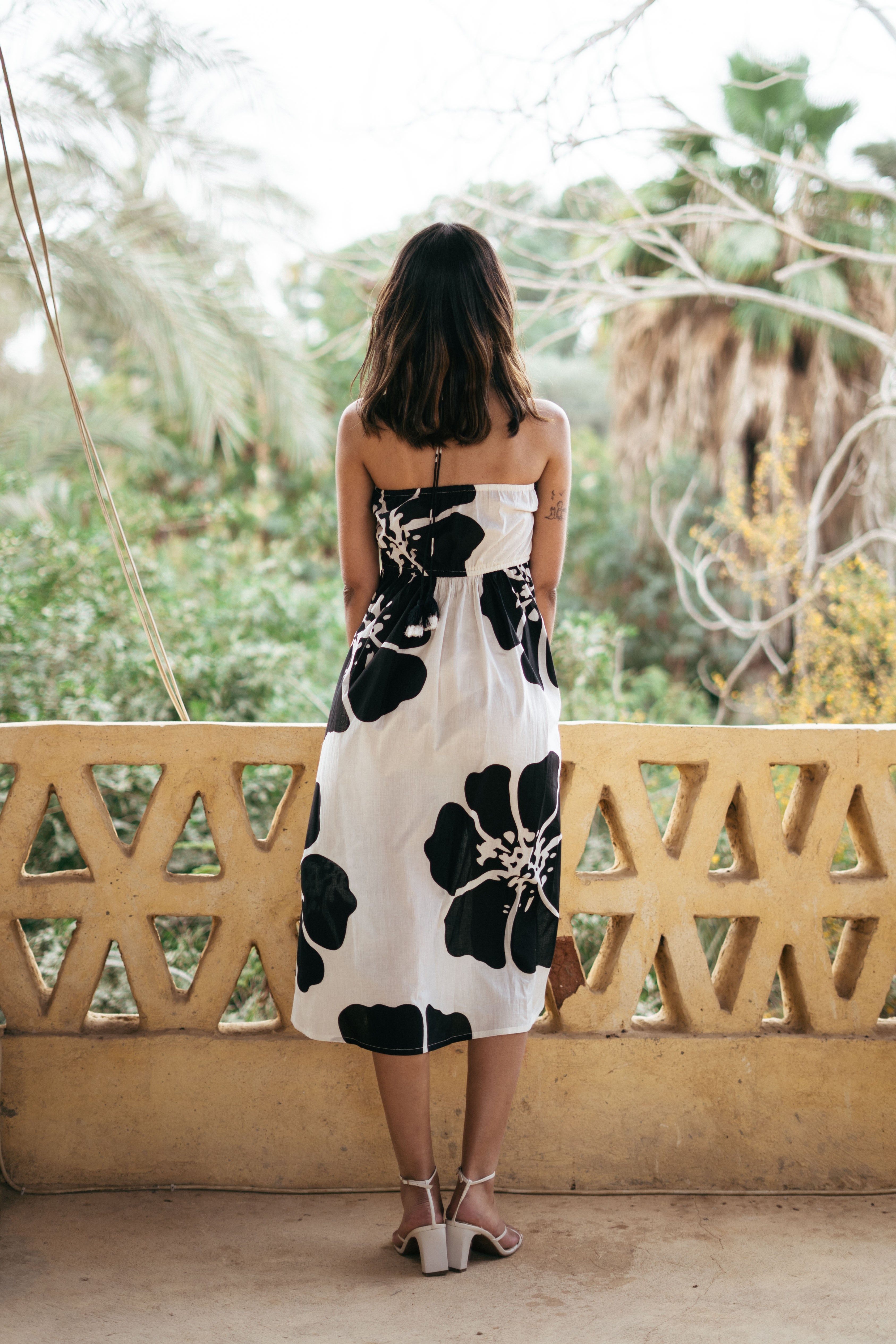 Black Pure Cotton Printed Tie Up Neck Dress For Women