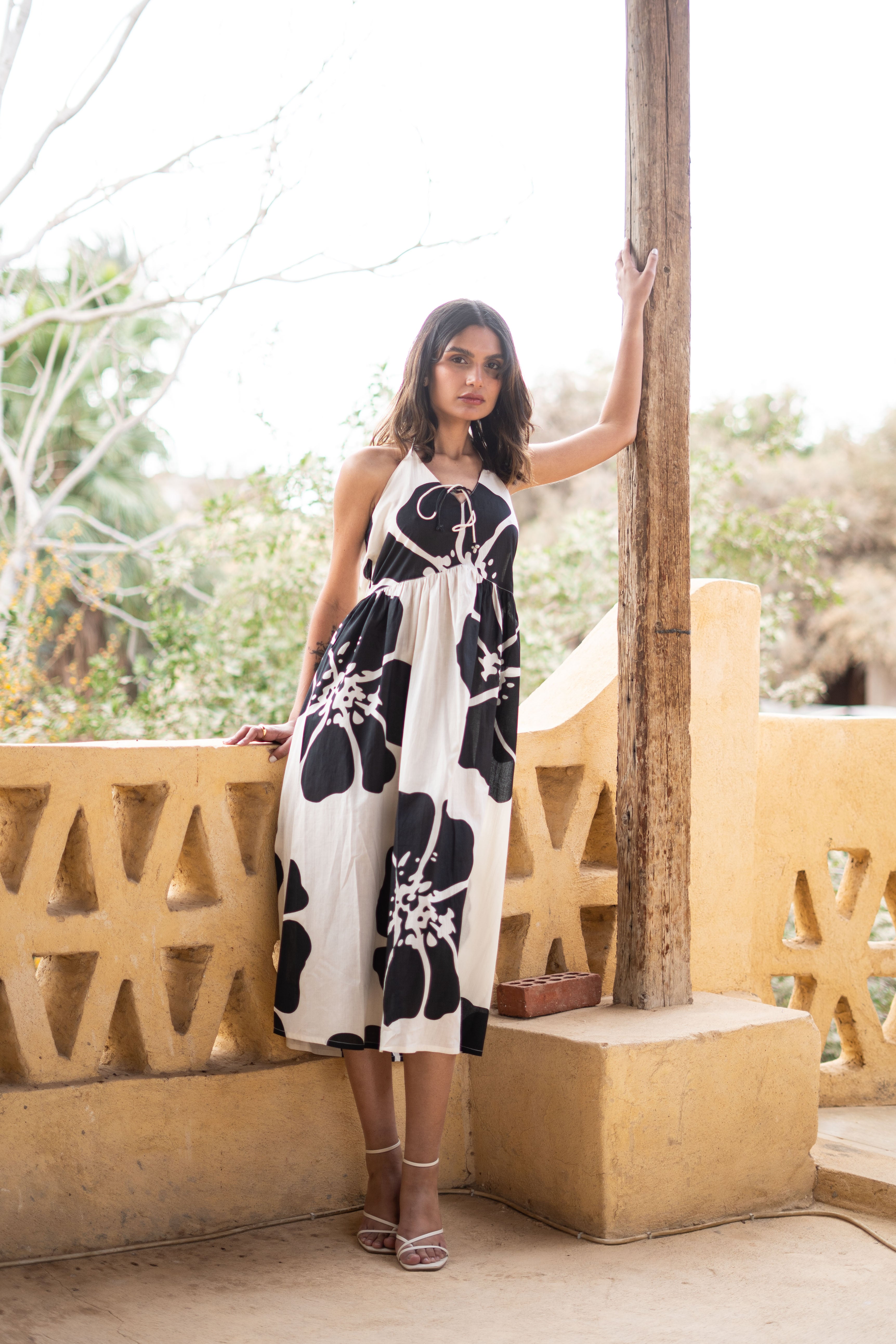Black Pure Cotton Printed Tie Up Neck Dress For Women