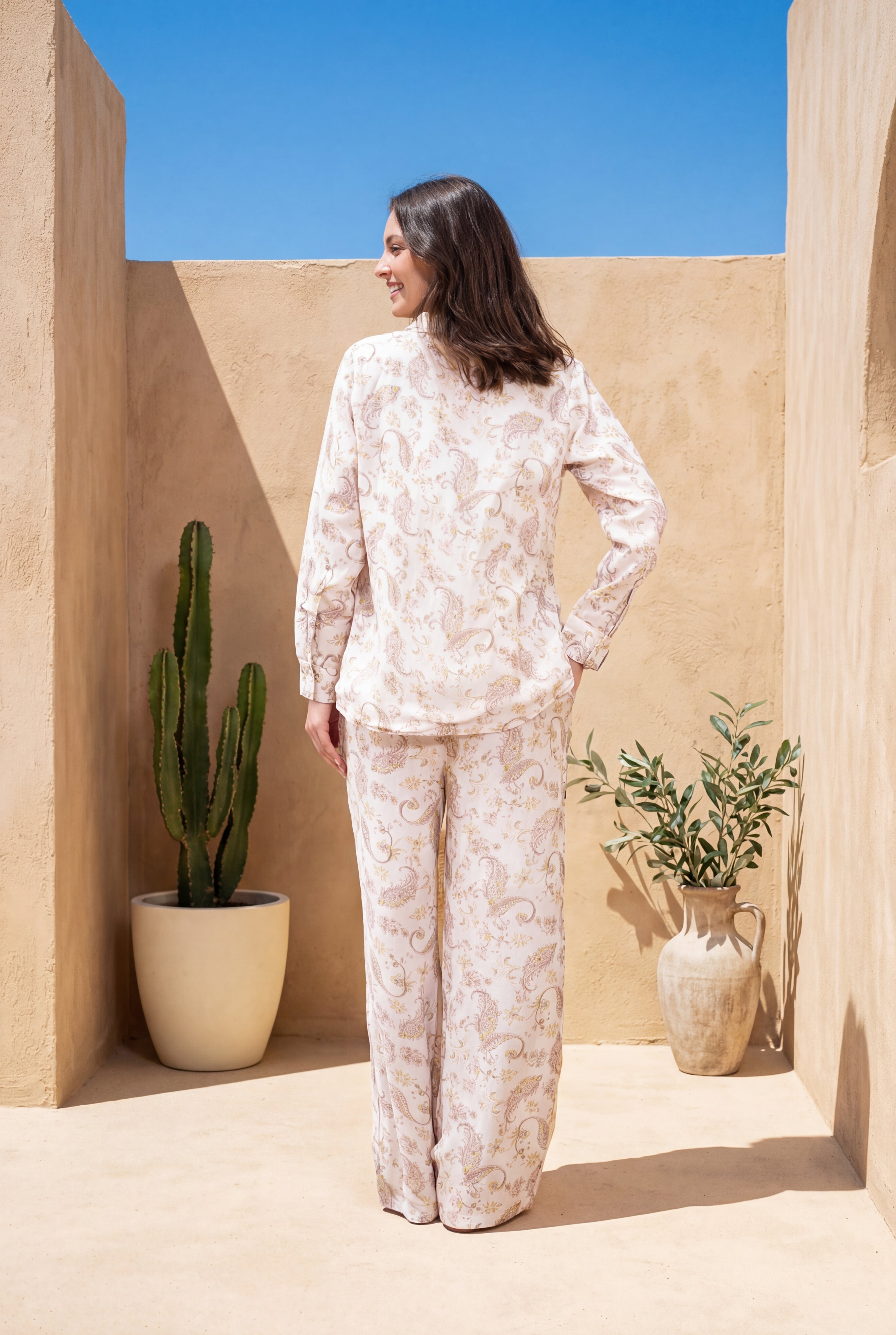 Cream Shirt Collar Motif Print Pure Cotton Co-ords Set for Women