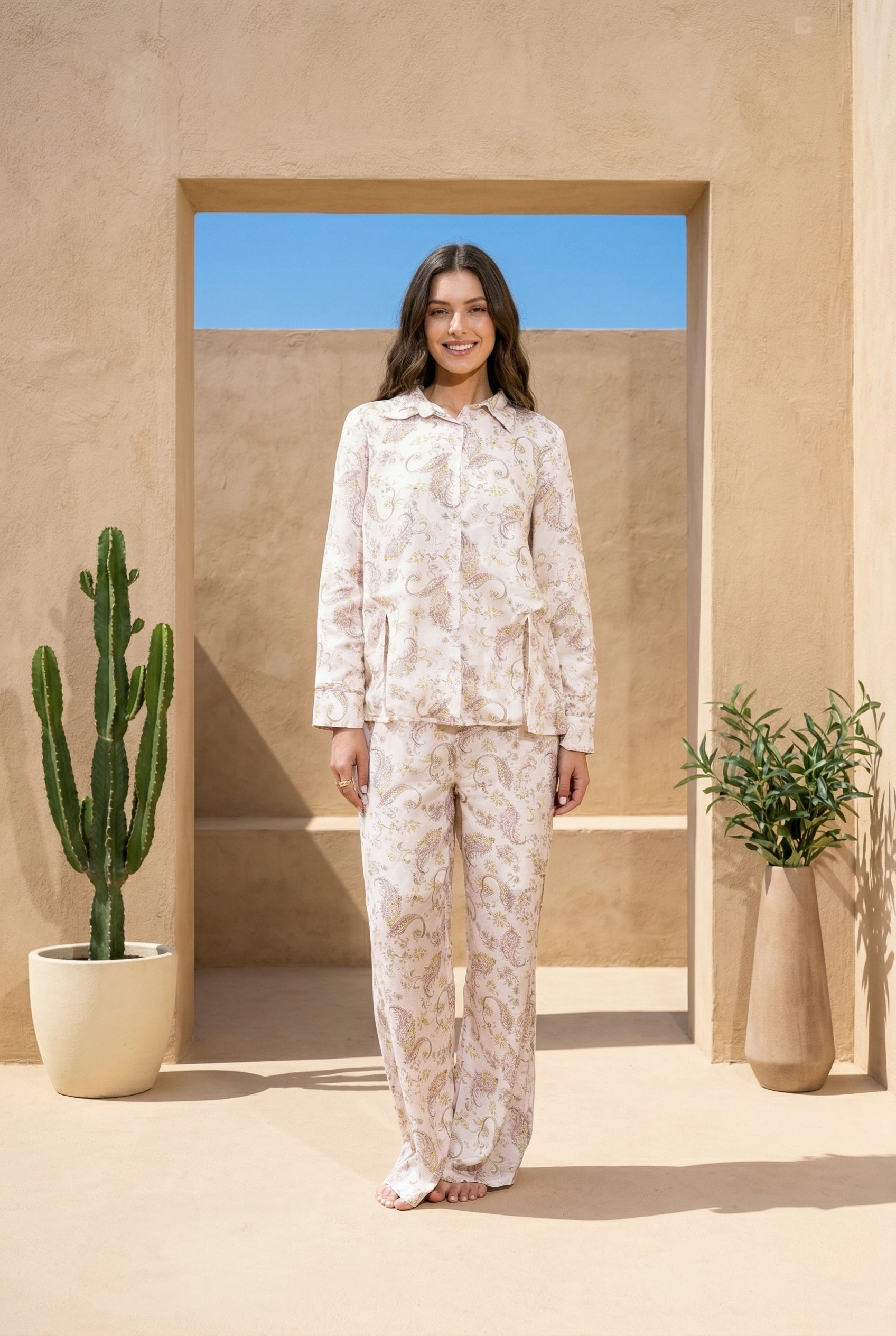 Cream Shirt Collar Motif Print Pure Cotton Co-ords Set for Women