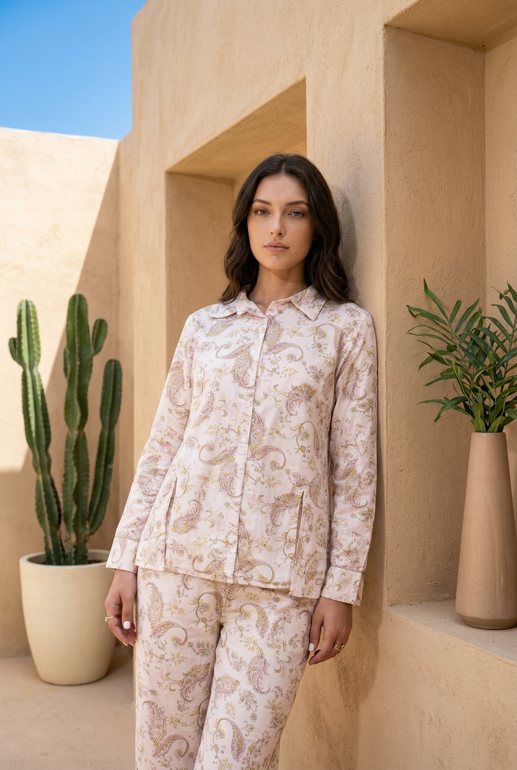 Cream Shirt Collar Motif Print Pure Cotton Co-ords Set for Women