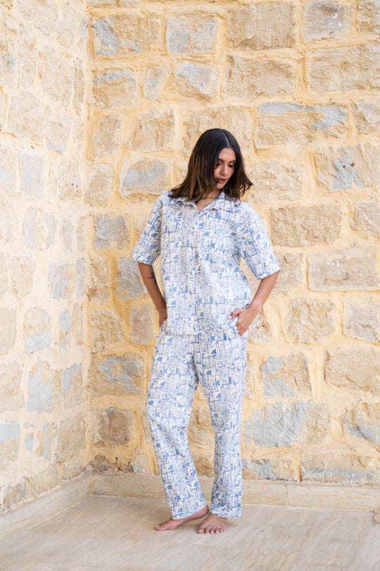 Blue Shirt Collar Abstract Printed Pure Cotton Night Suit