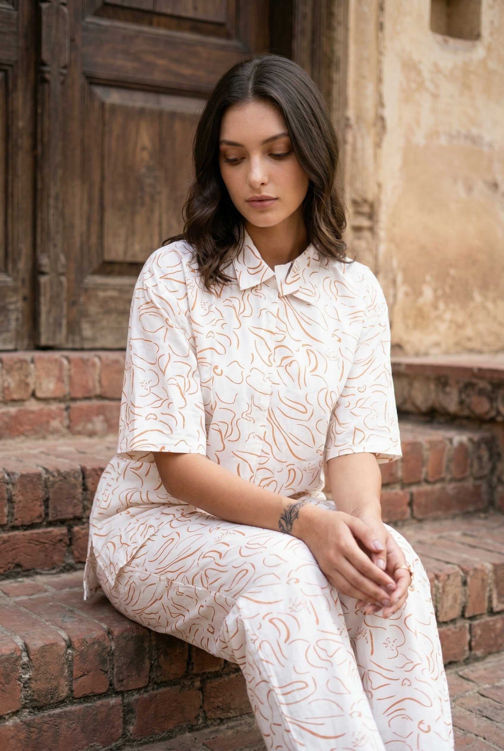 White Abstract Print Shirt Collar Pure Cotton Night Suit For Women