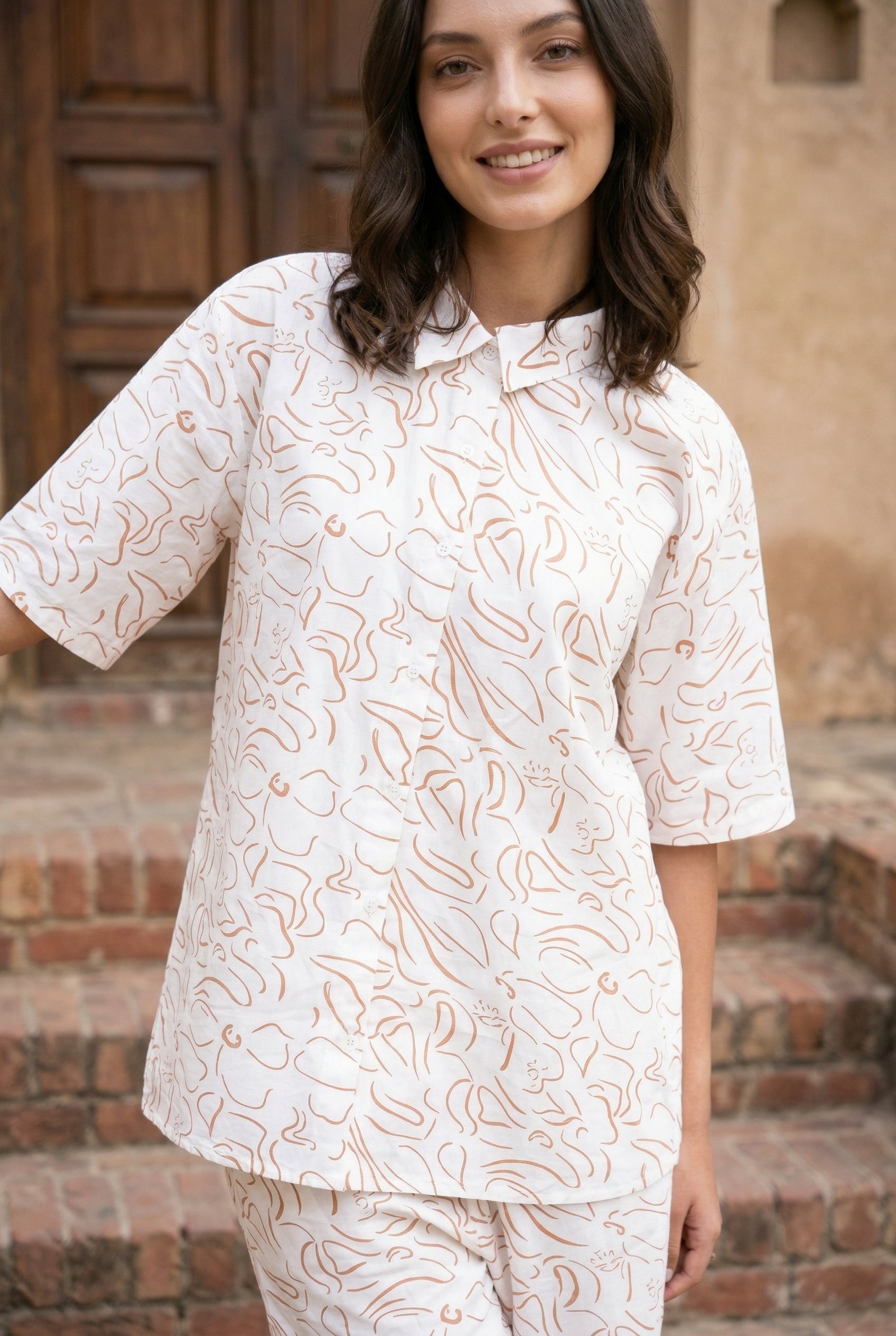 White Abstract Print Shirt Collar Pure Cotton Night Suit For Women