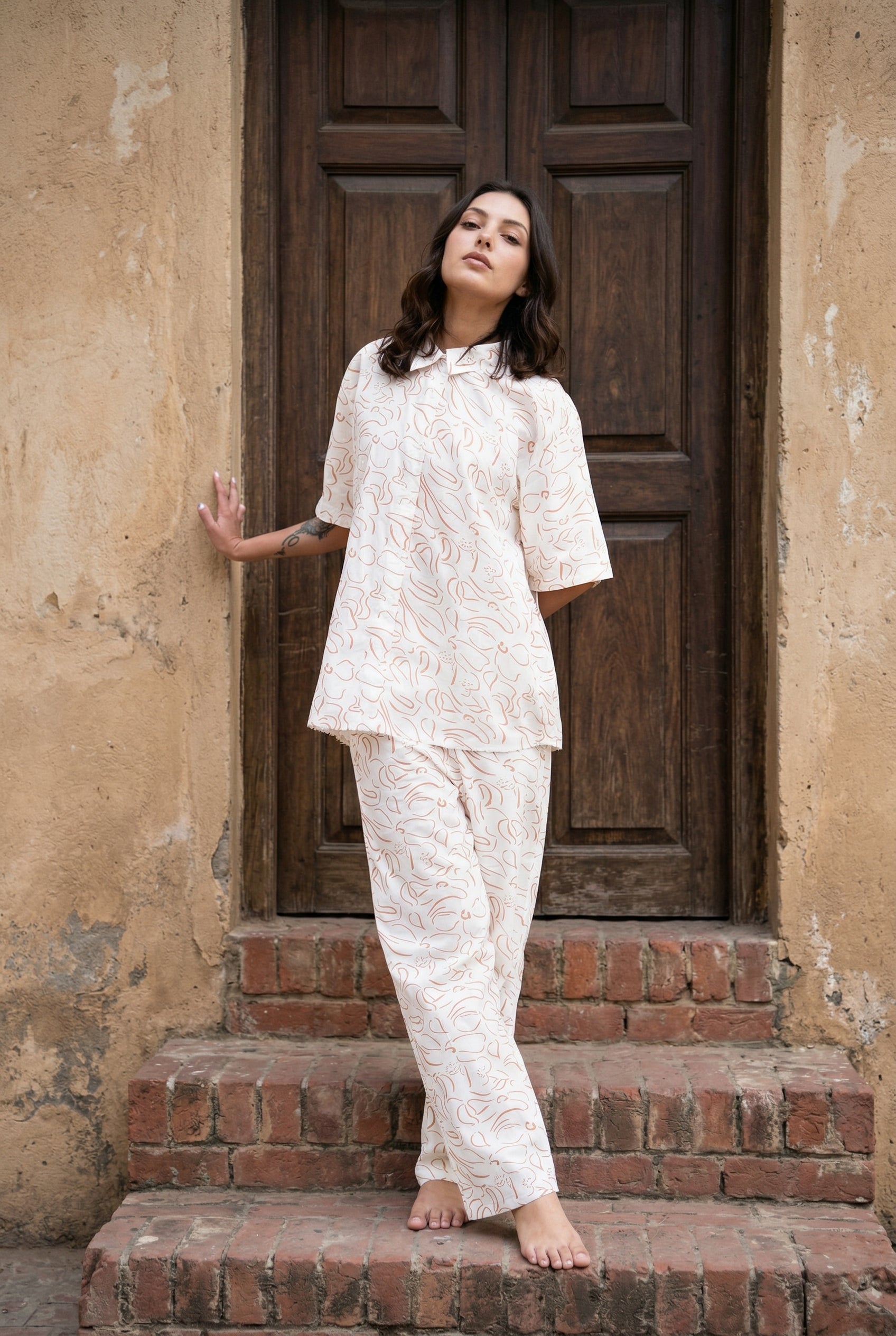 White Abstract Print Shirt Collar Pure Cotton Night Suit For Women