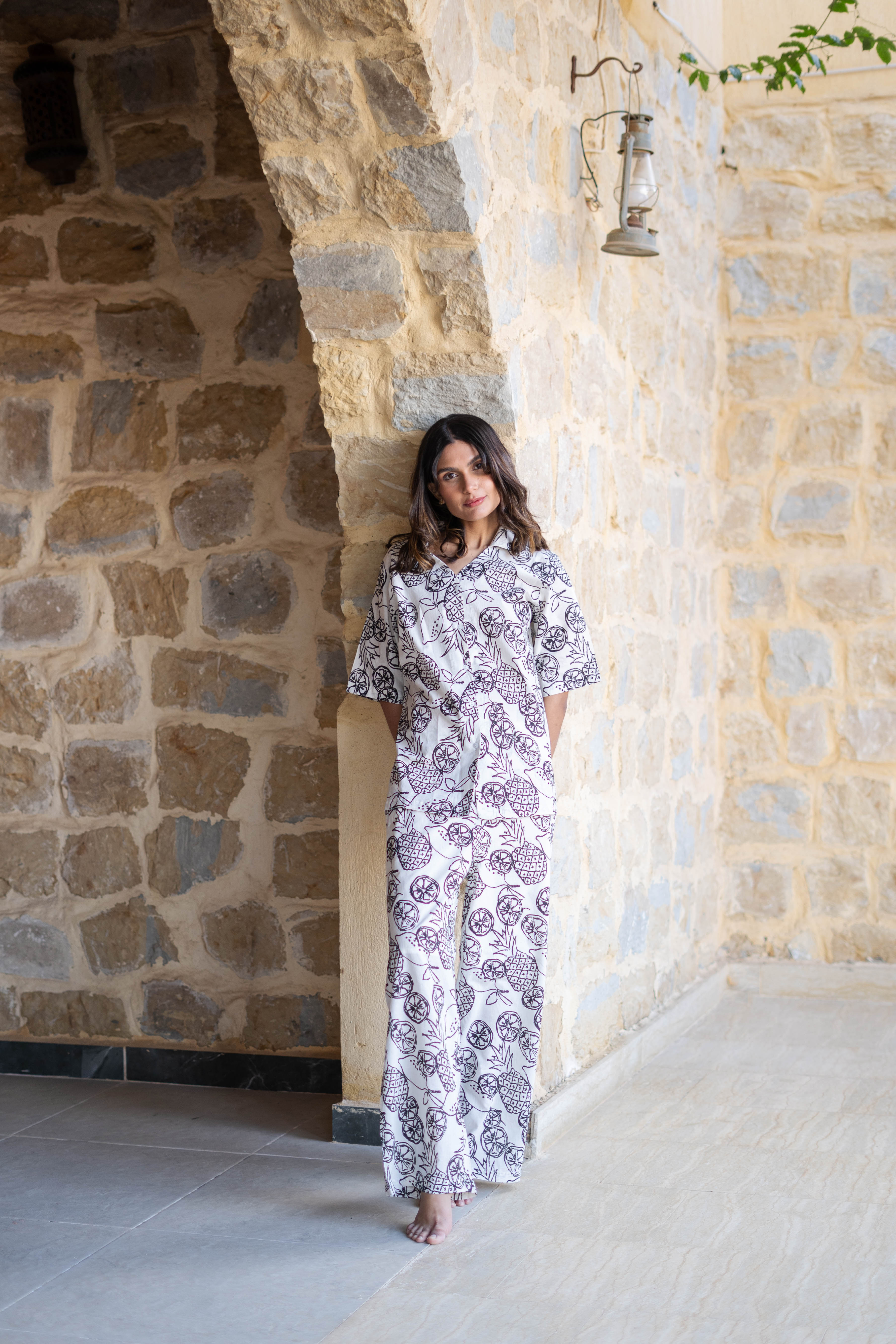 White V-Neck Tropical Printed Pure Cotton Night Suit