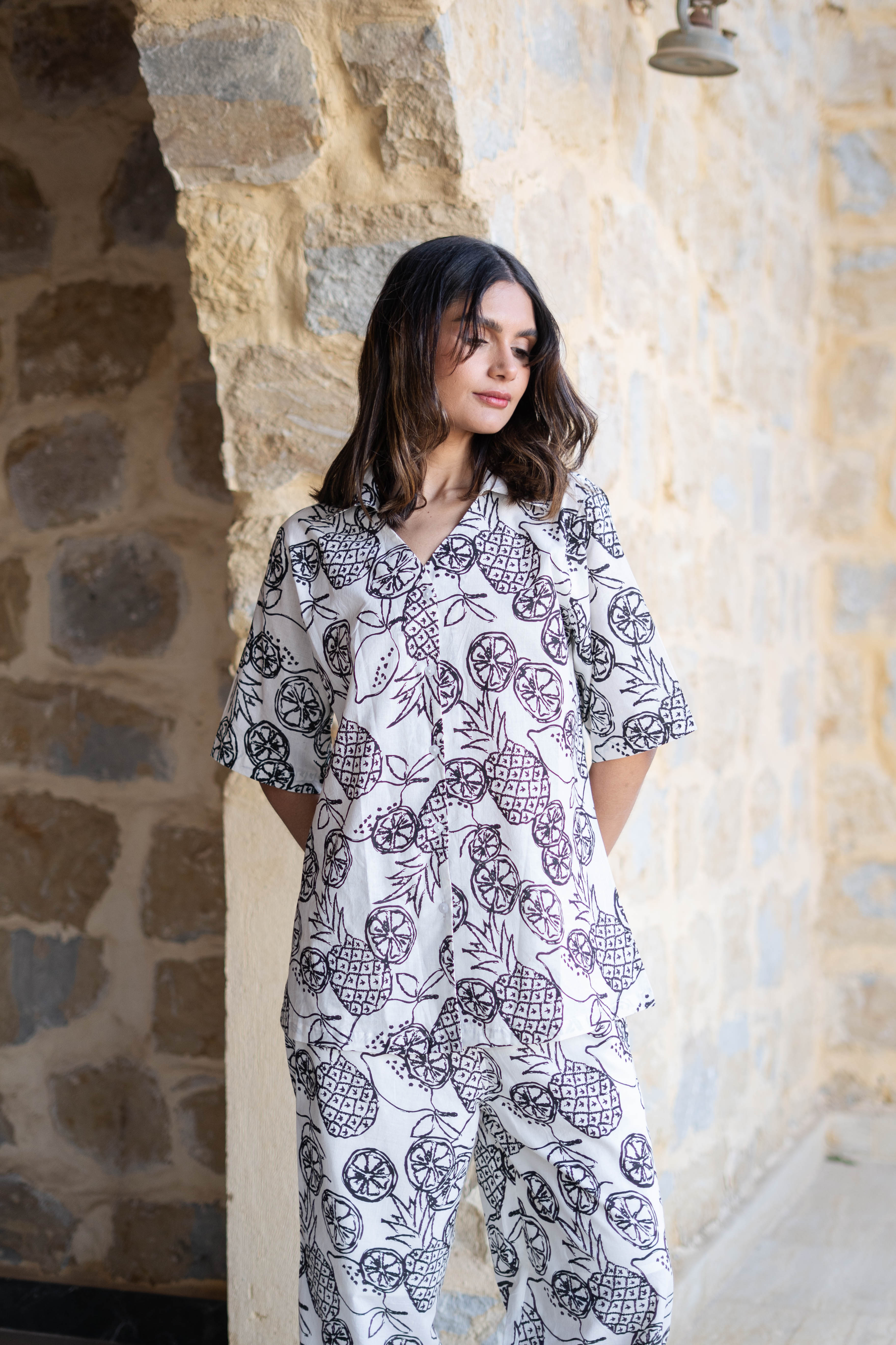 White V-Neck Tropical Printed Pure Cotton Night Suit