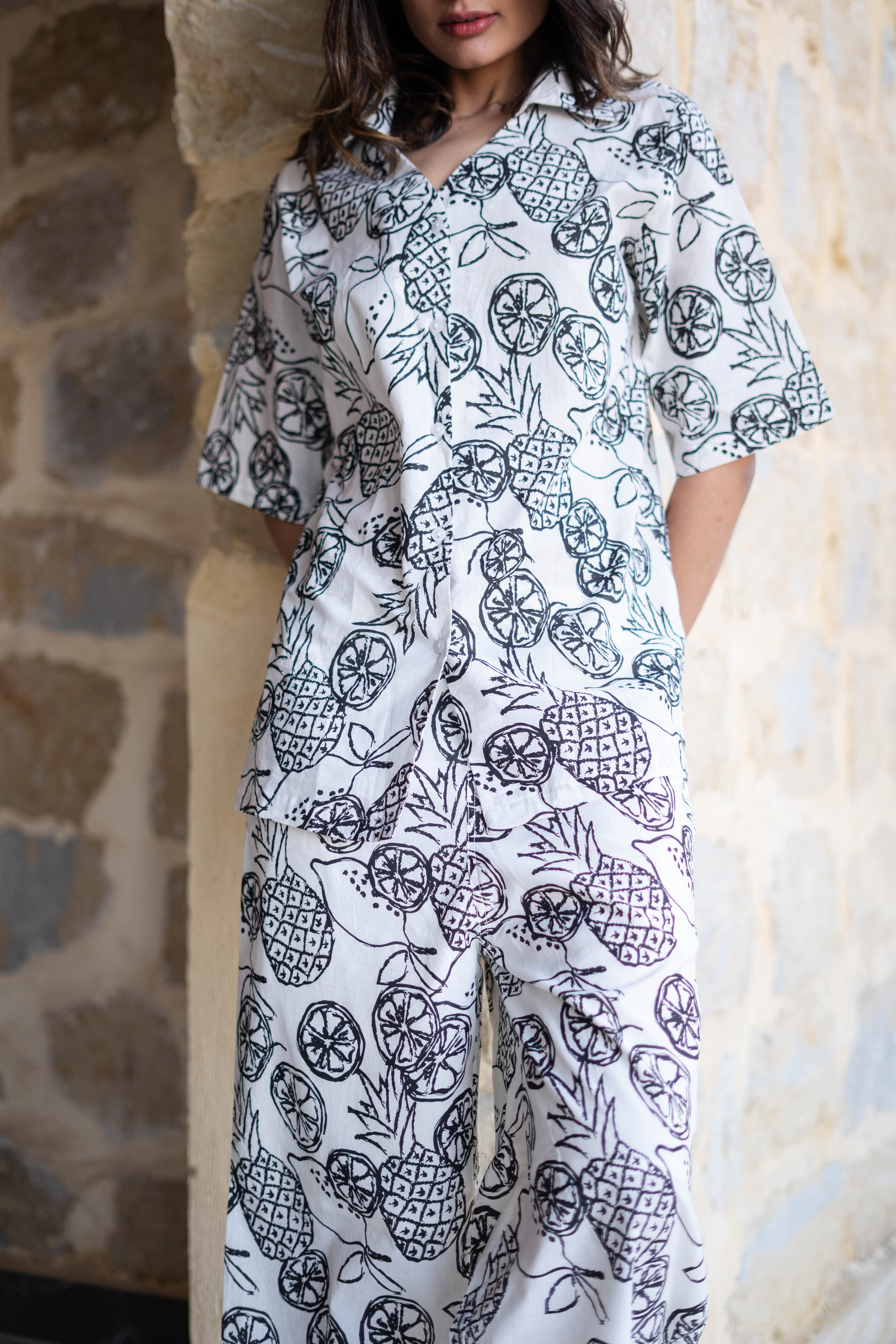 White V-Neck Tropical Printed Pure Cotton Night Suit
