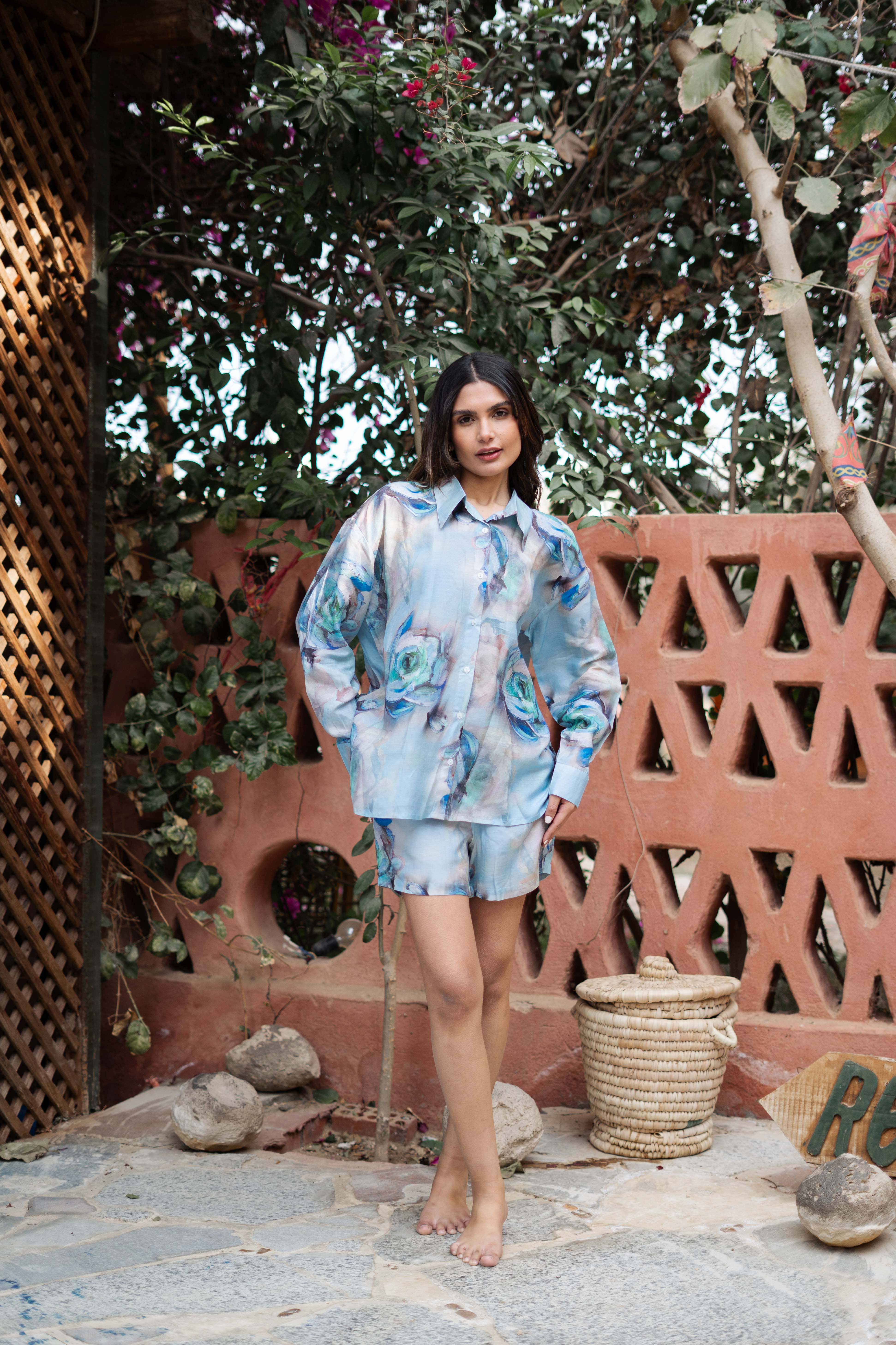 Blue Shirt Collar Viscose Rayon Printed Co-Ords Set