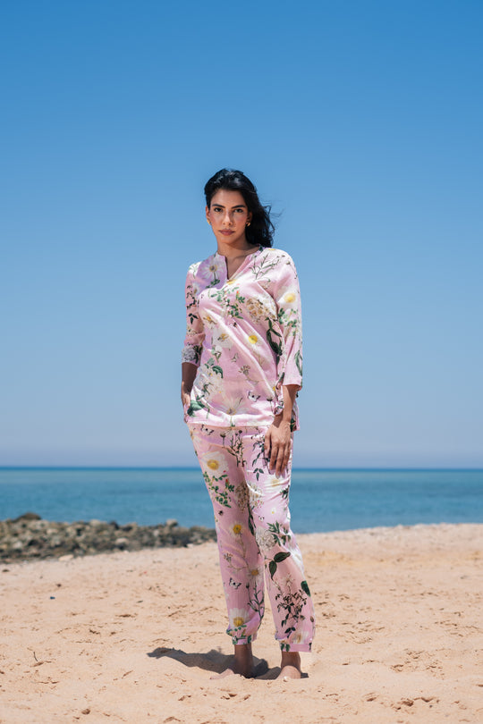 Pink Flower Printed Cotton Night Suit Set