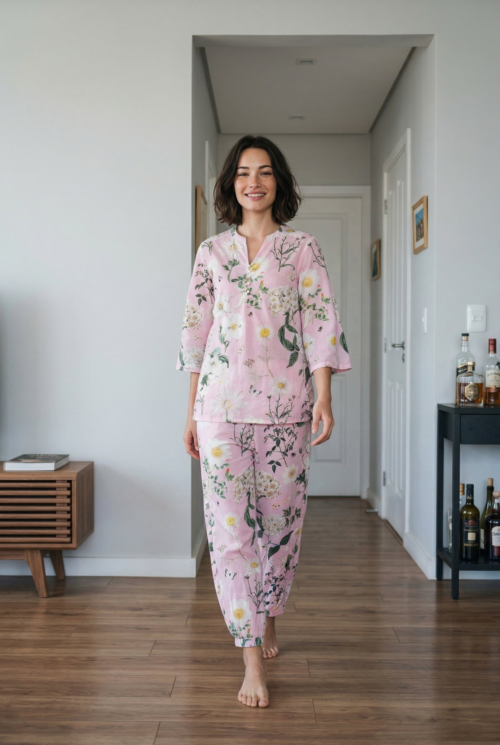 Pink Floral Print Mandarin Collar Night Suit Set For Women