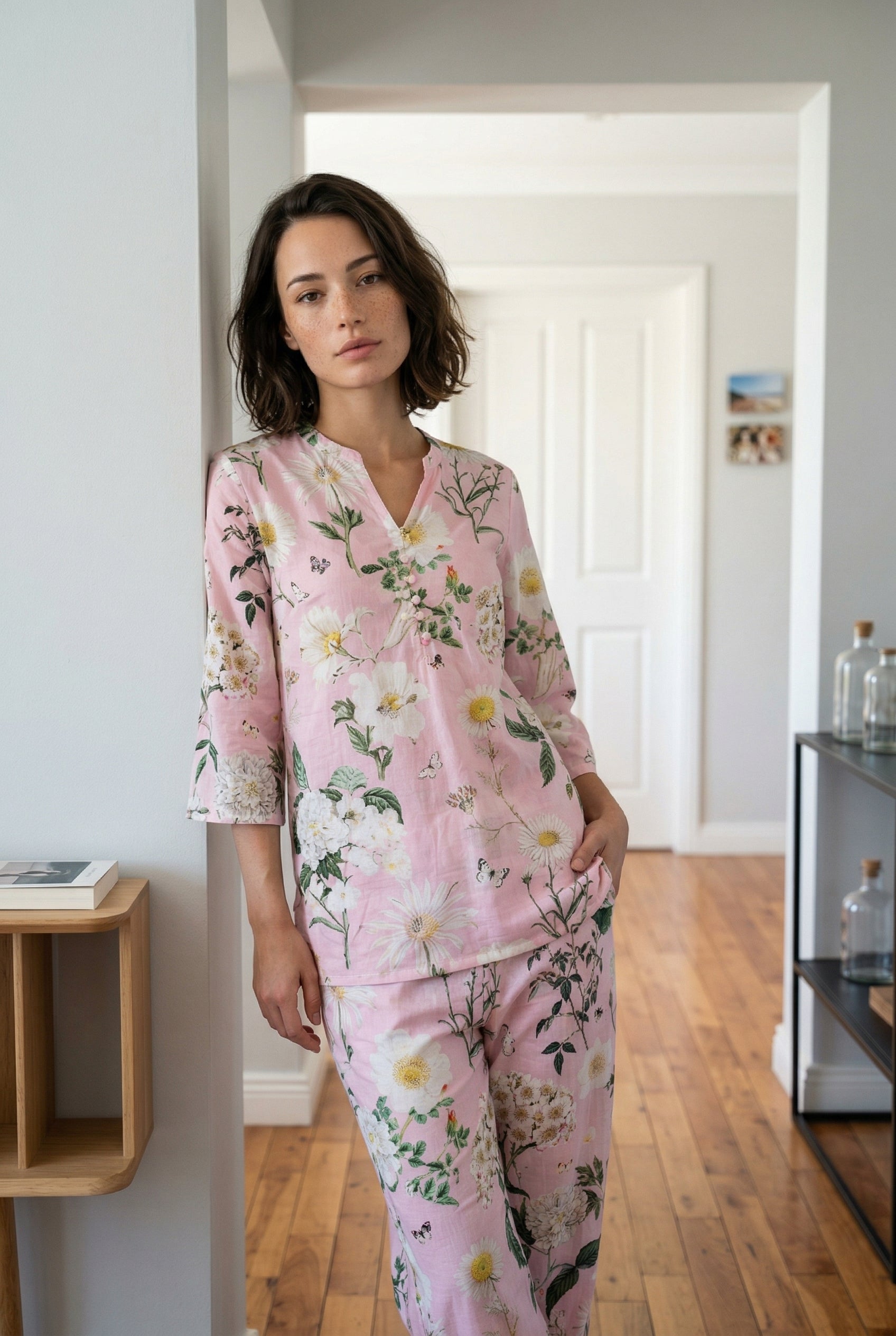 Pink Floral Print Mandarin Collar Night Suit Set For Women