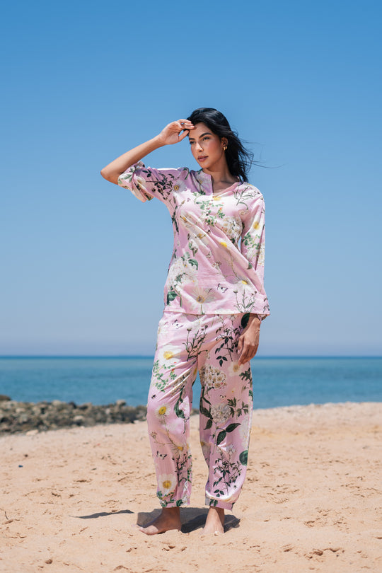 Pink Flower Printed Cotton Night Suit Set