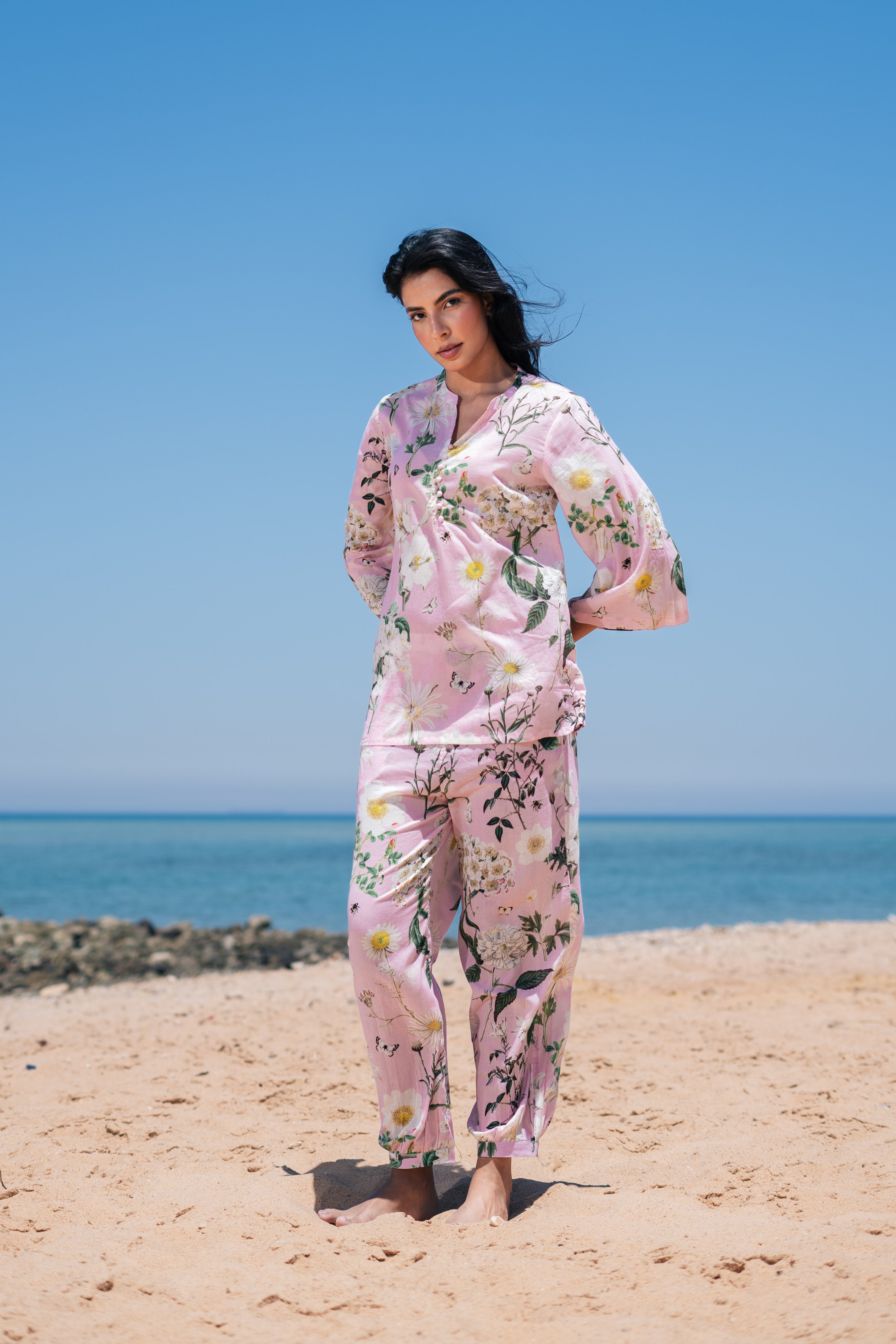 Pink Flower Printed Cotton Night Suit Set