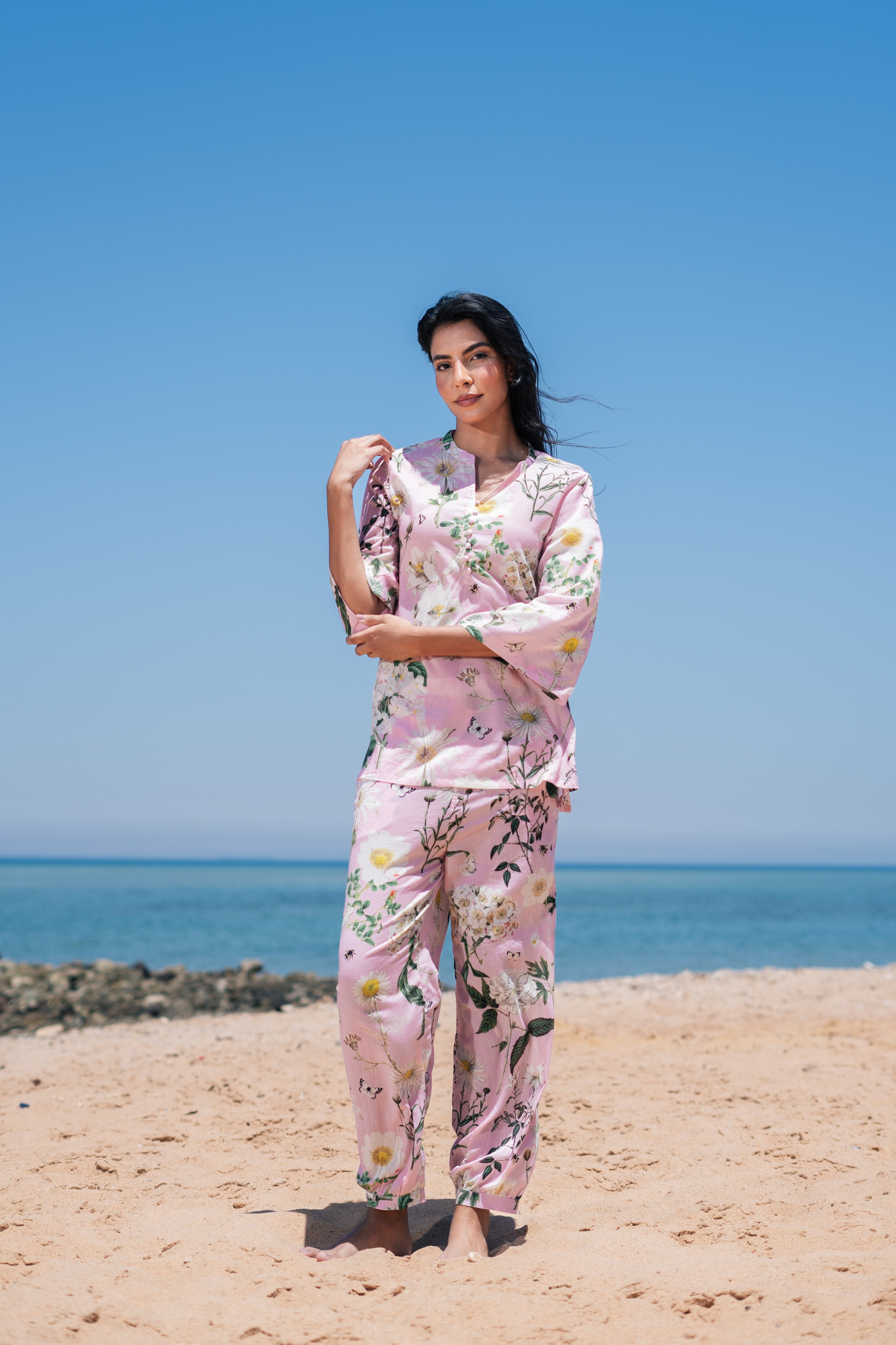 Pink Flower Printed Cotton Night Suit Set