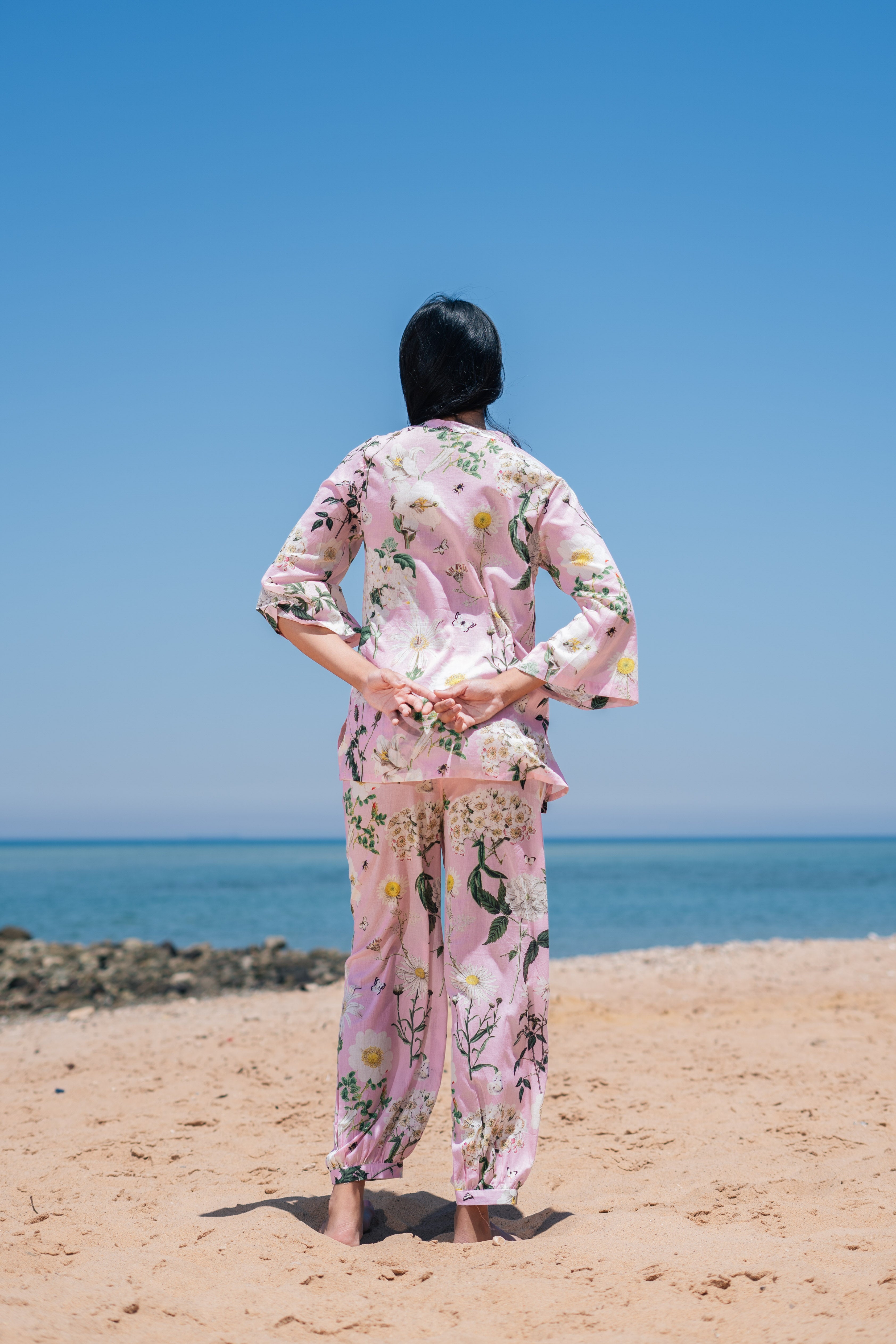 Pink Flower Printed Cotton Night Suit Set