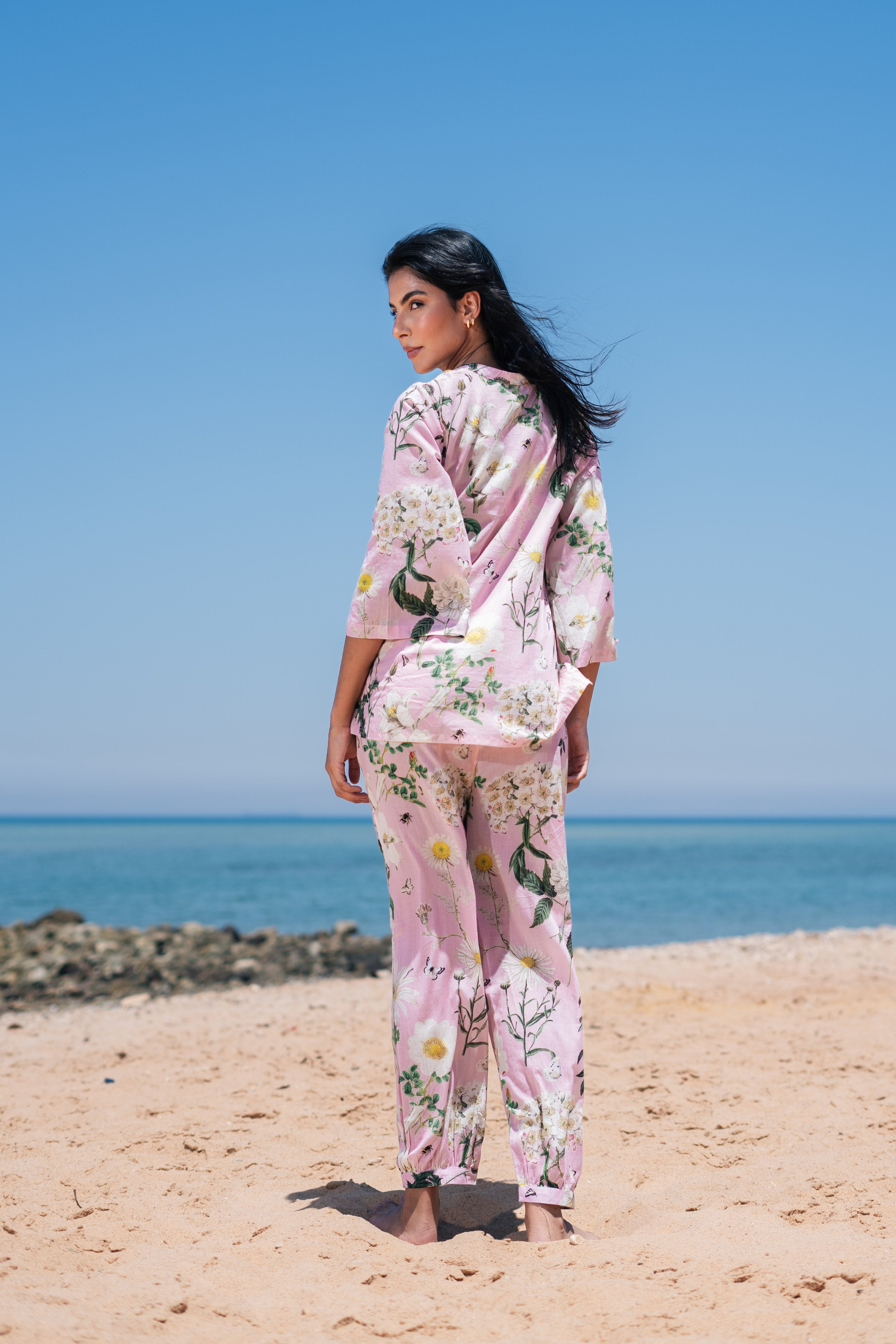 Pink Flower Printed Cotton Night Suit Set