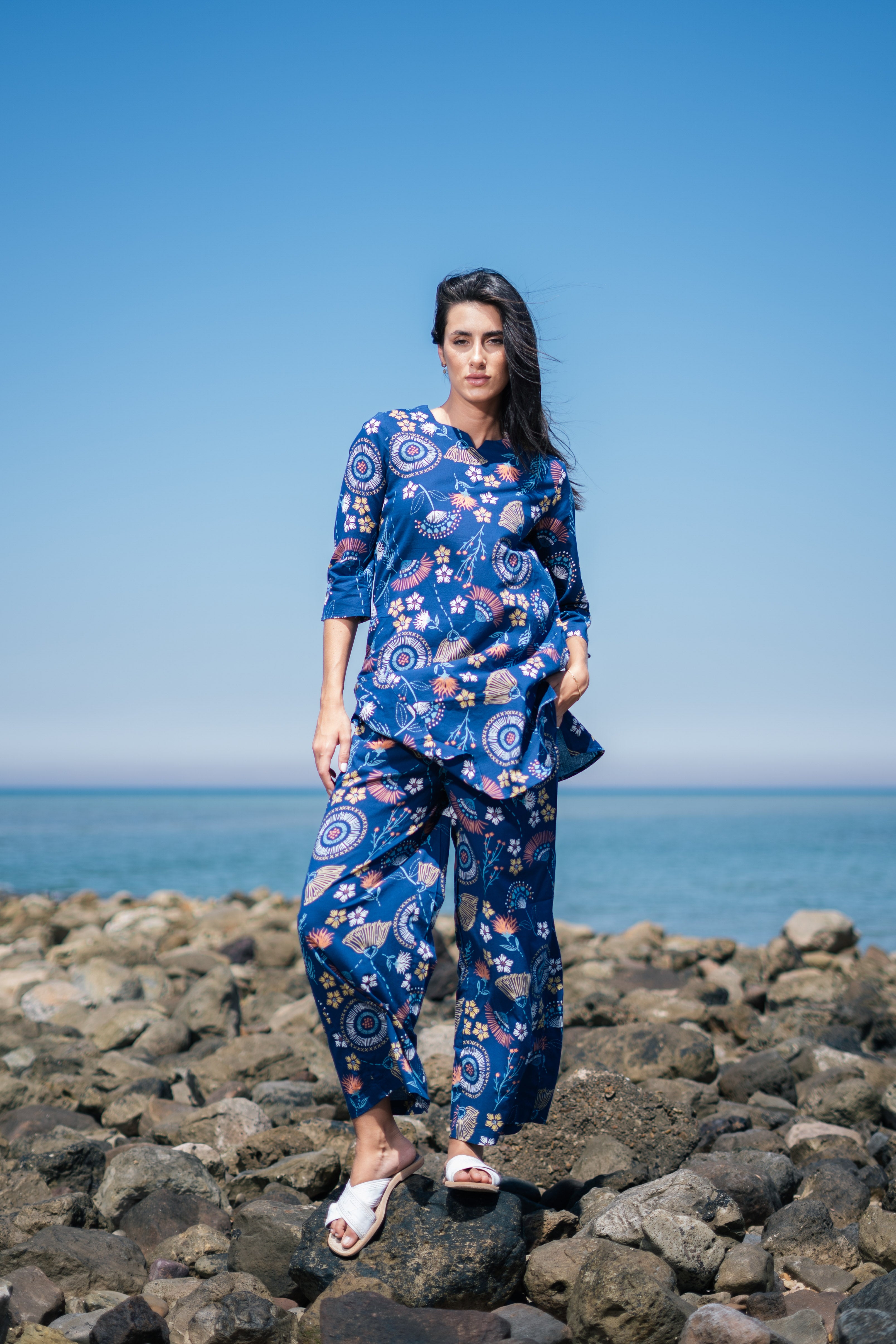 Women Blue Cotton Printed Night Suit Set