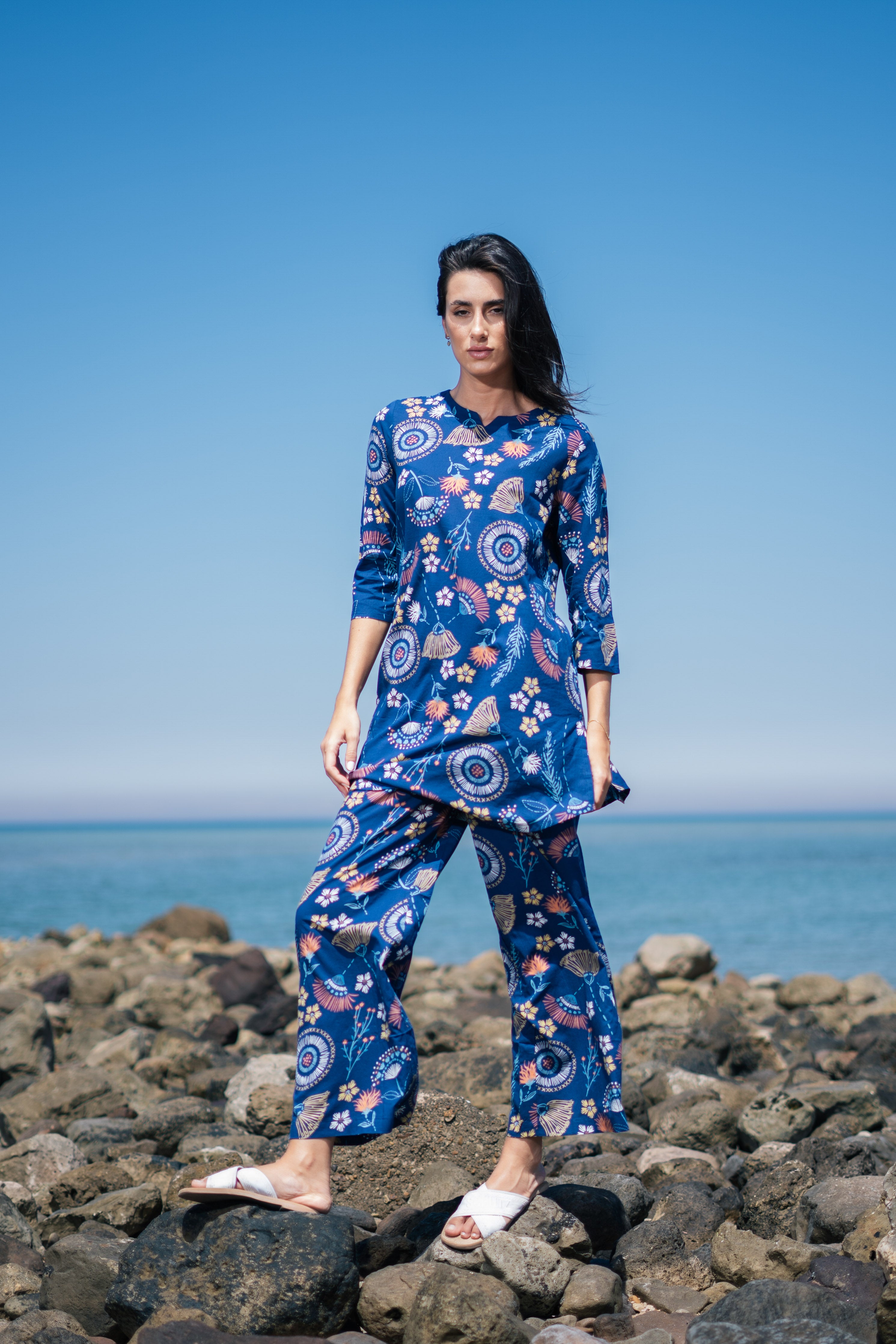 Women Blue Cotton Printed Night Suit Set