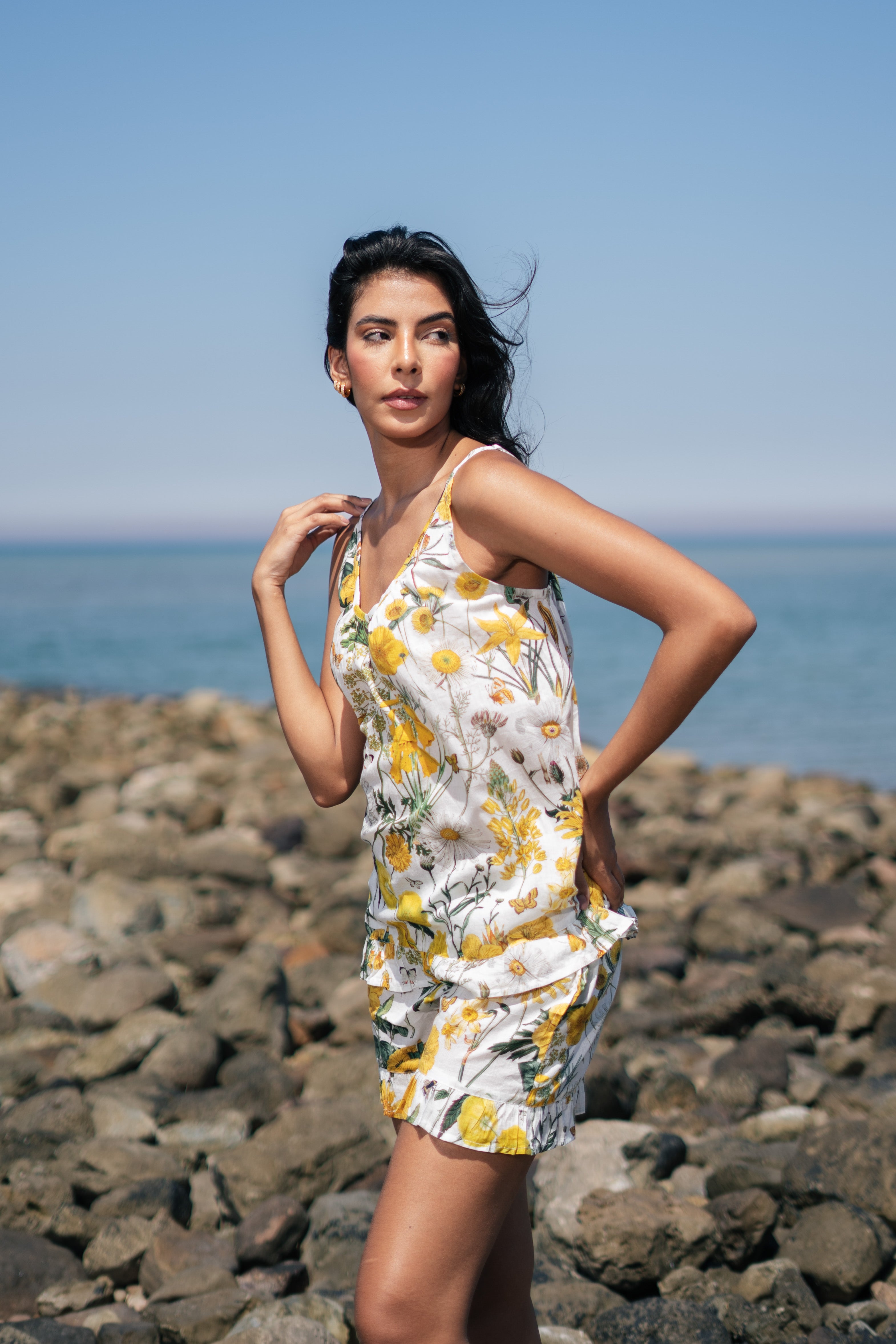 Yellow Floral Printed Cotton Round Neck Night Suit
