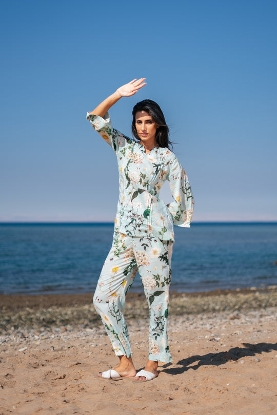 Green Flower Printed Night Suit Set