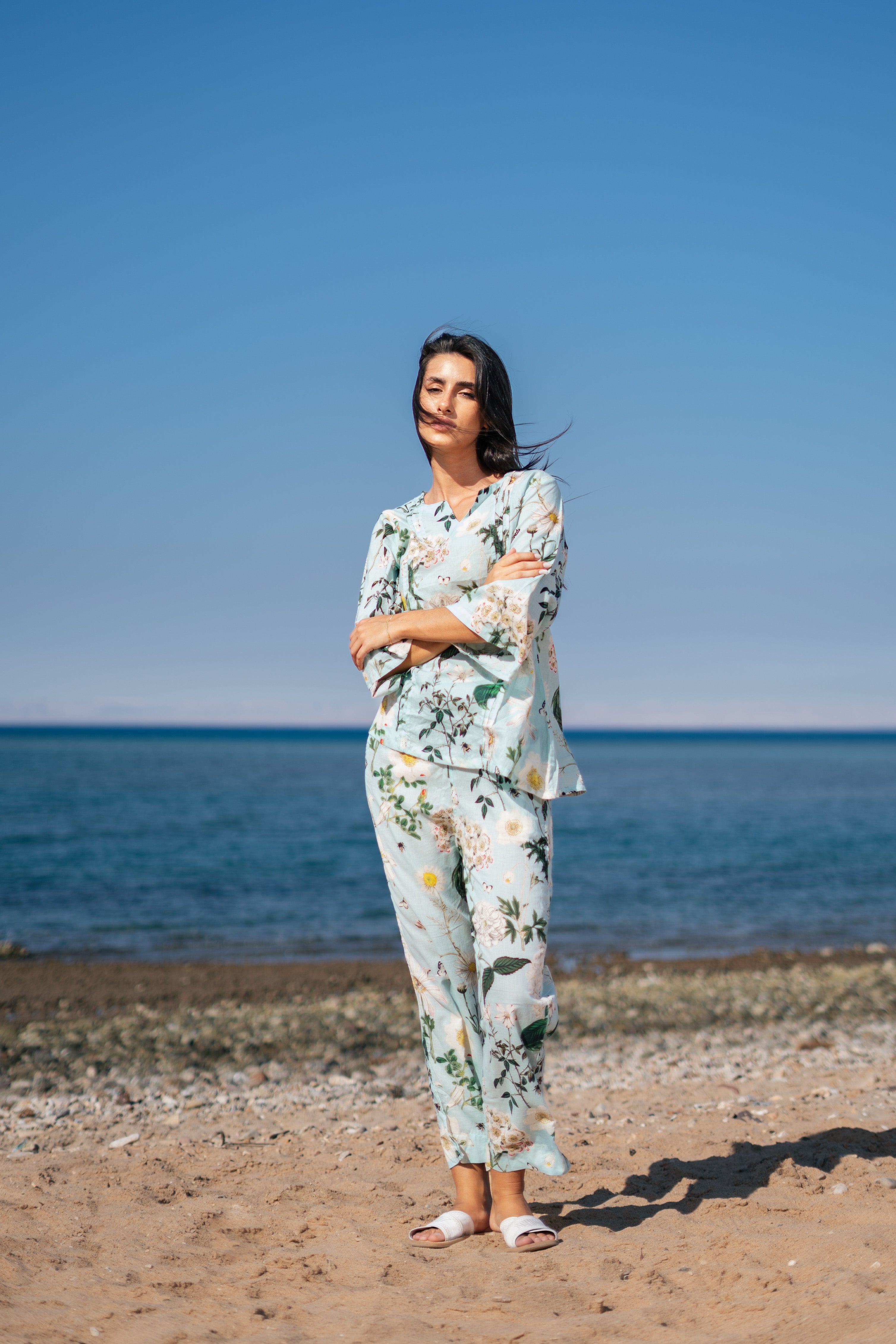 Green Flower Printed Night Suit Set