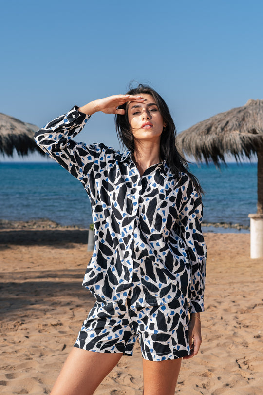 Black Printed Cotton Night Suit with Shorts