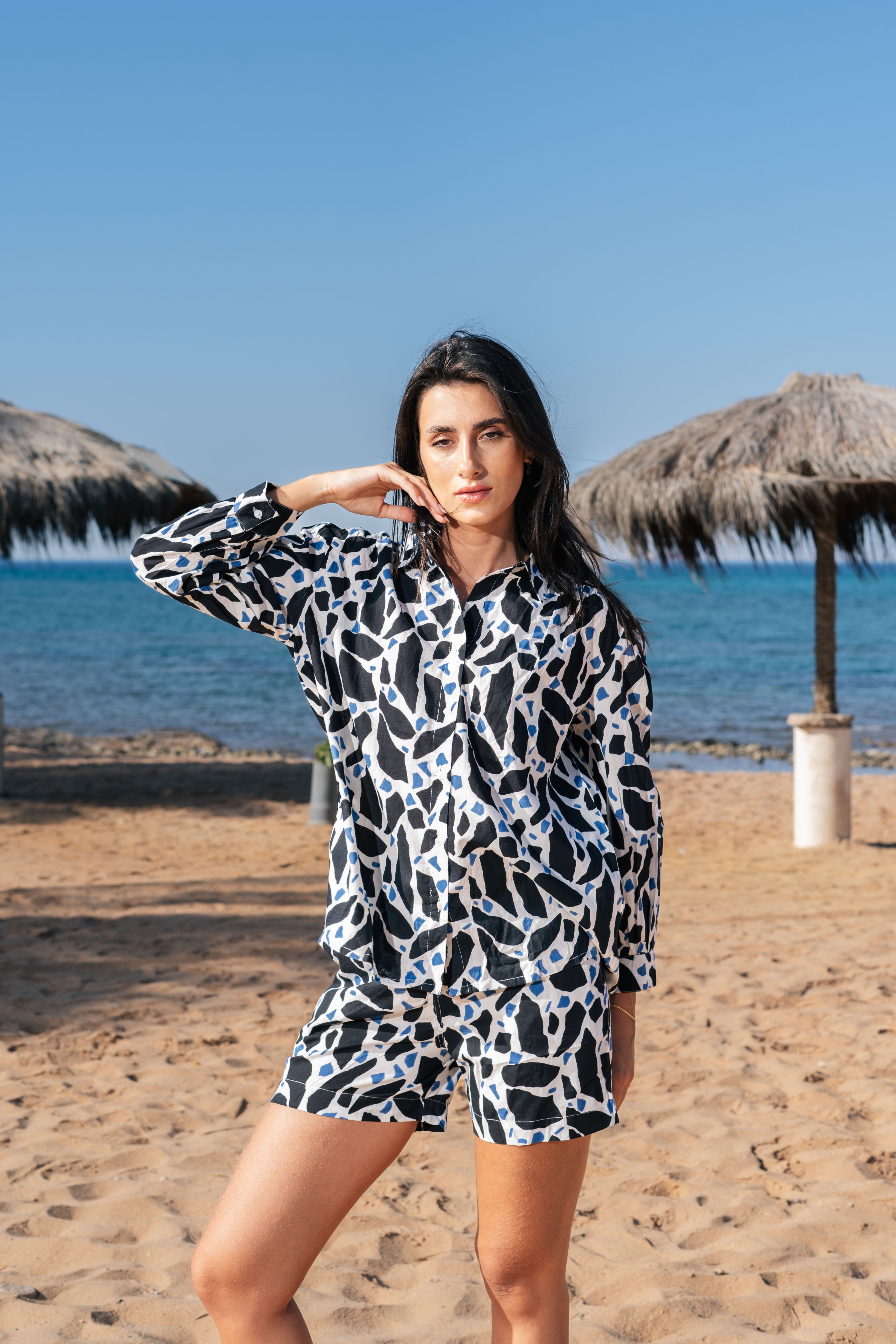 Black Printed Cotton Night Suit with Shorts