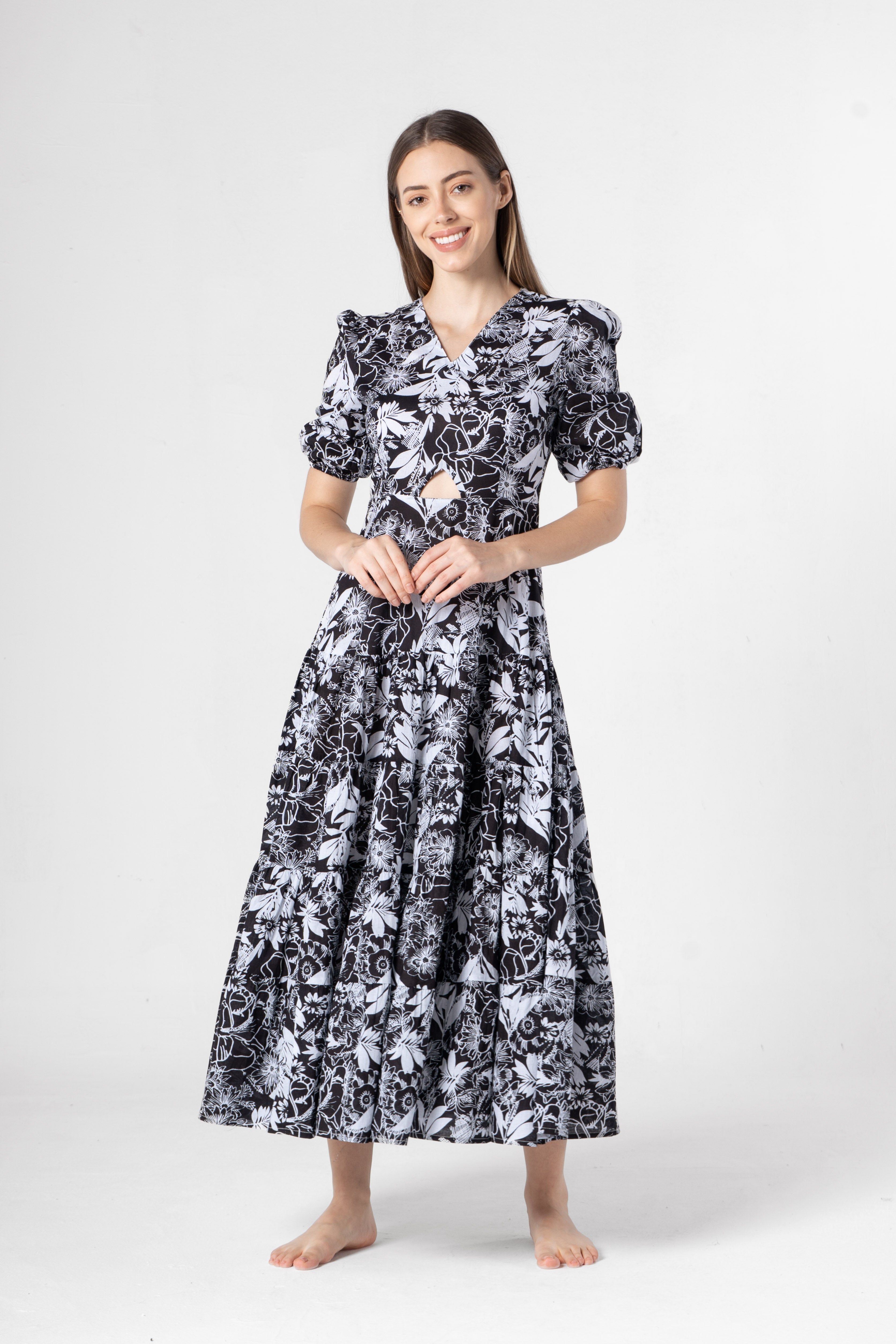 Black Floral Printed Cotton V-Neck Dress