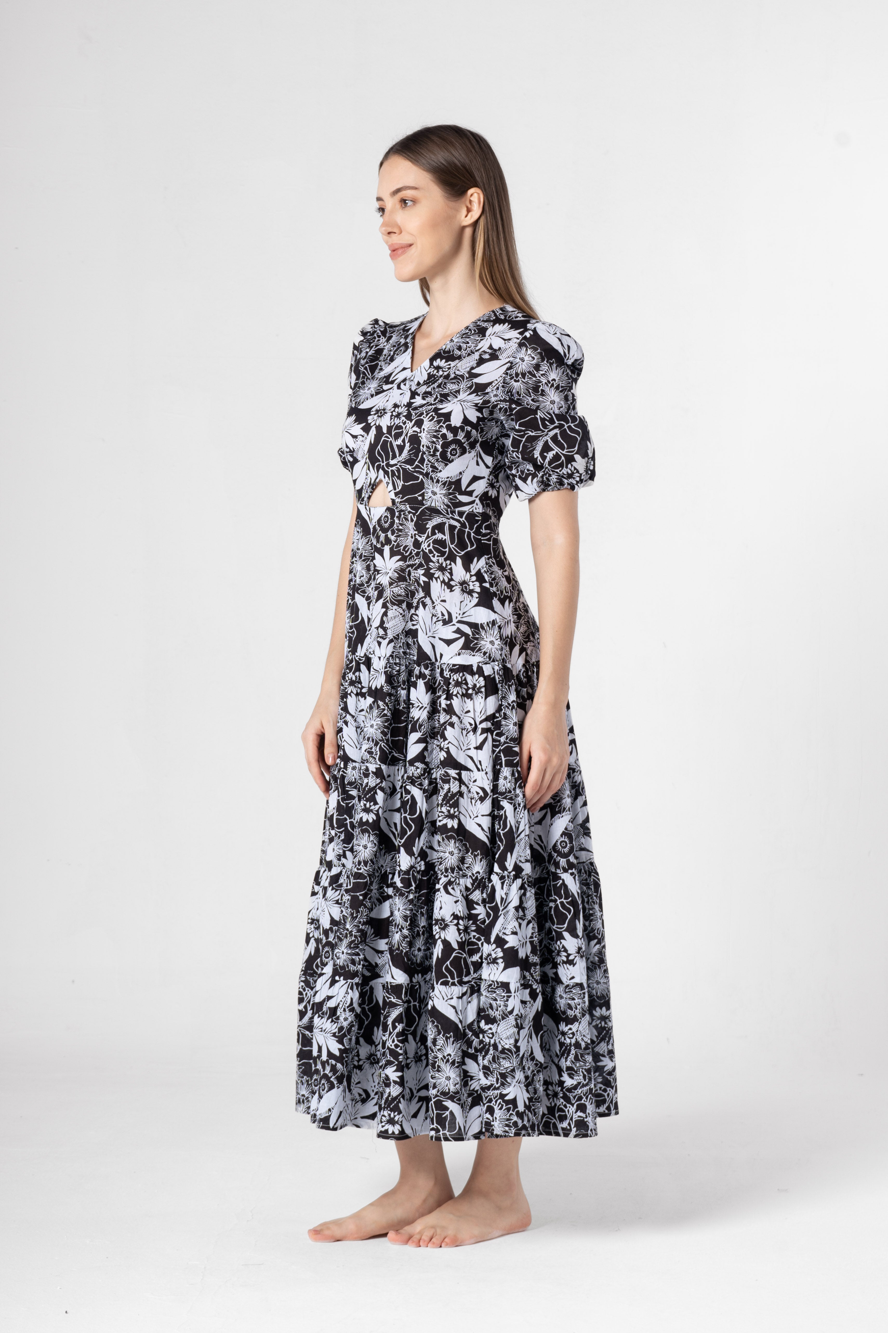 Black Floral Printed Cotton V-Neck Dress