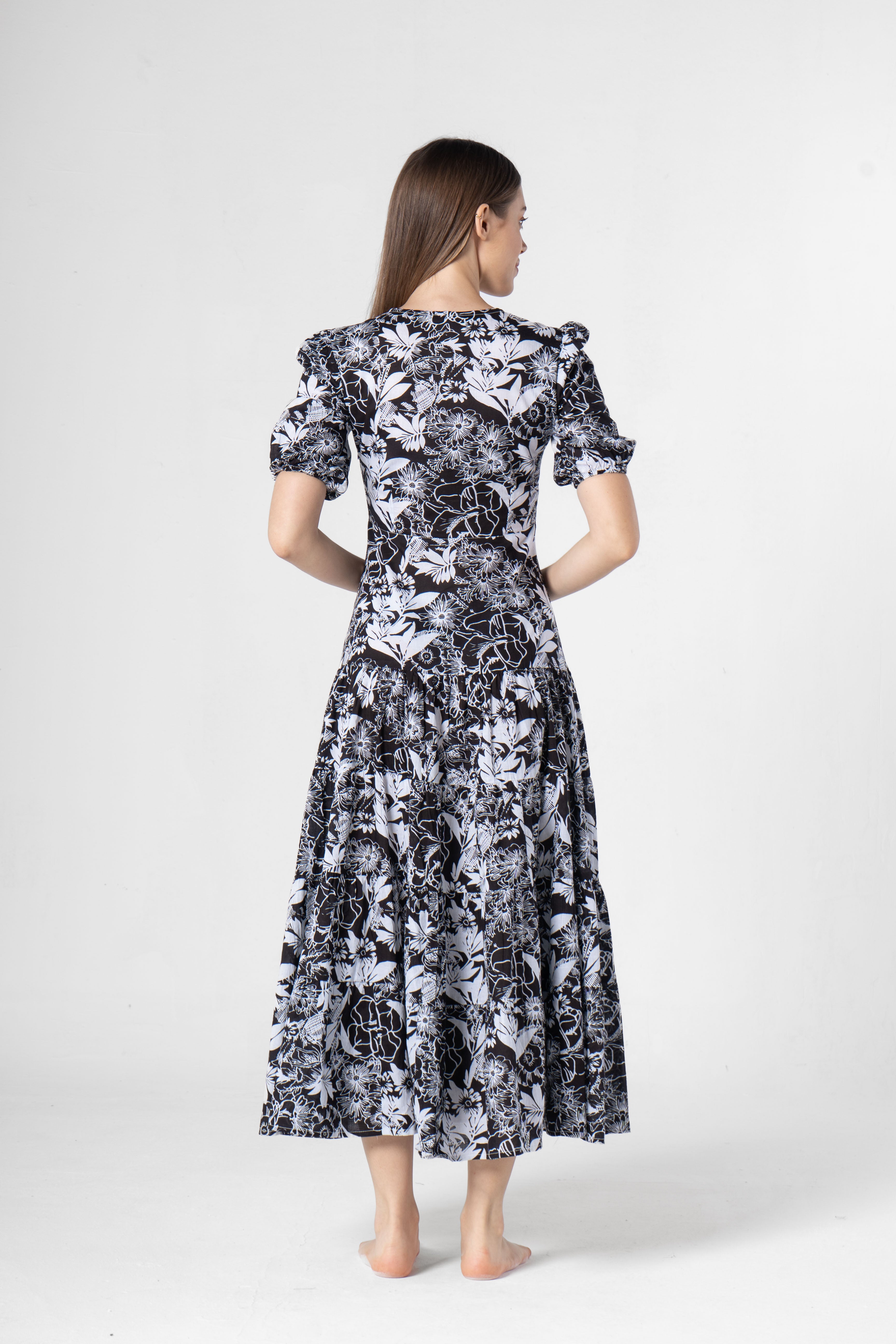 Black Floral Printed Cotton V-Neck Dress