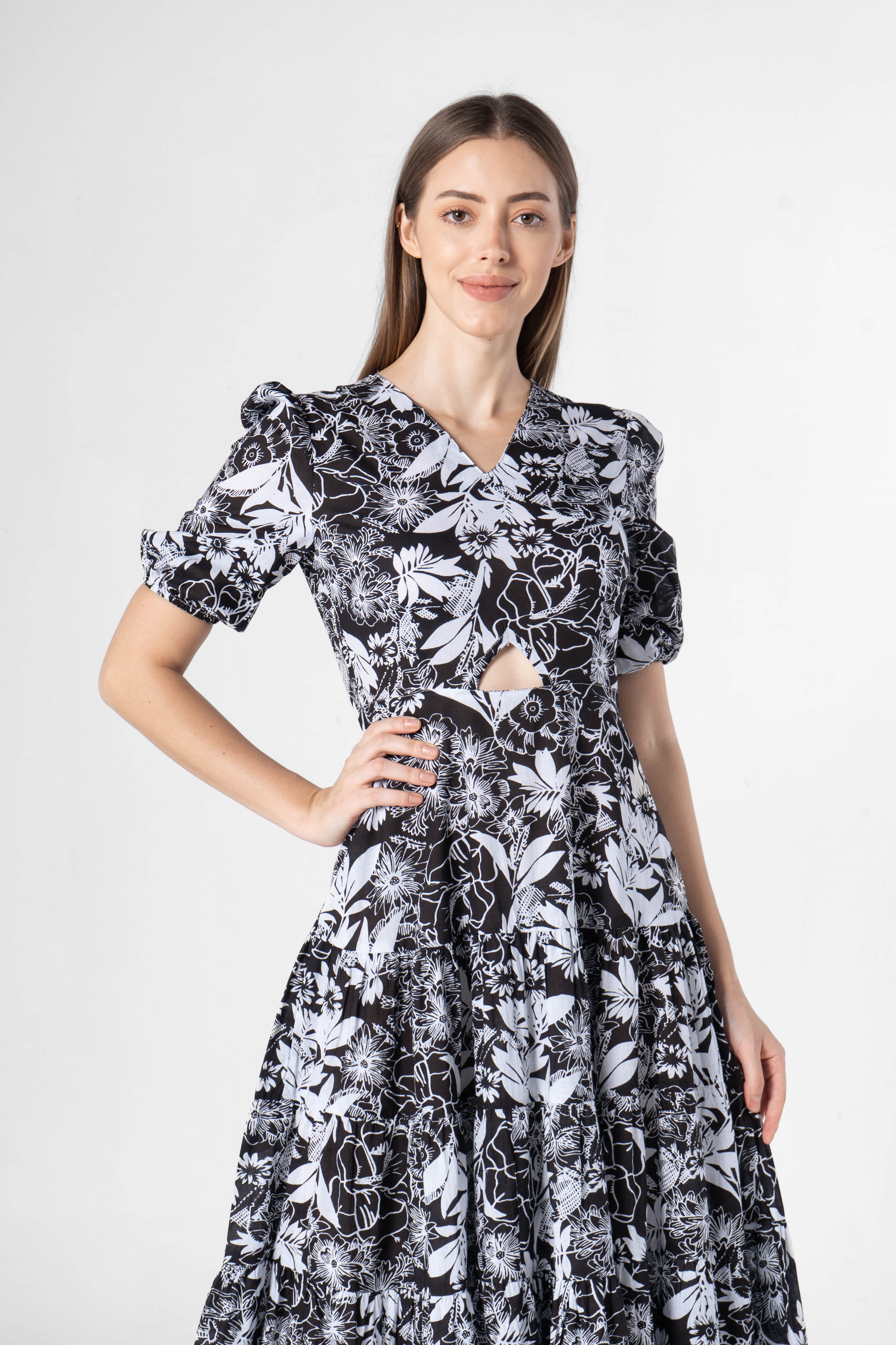 Black Floral Printed Cotton V-Neck Dress