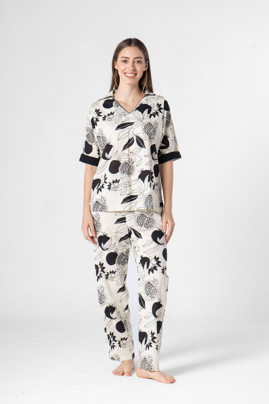 Fruit Printed Black and White Night Suit Set