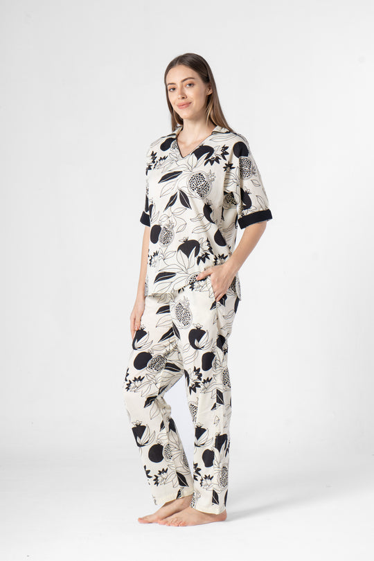 Fruit Printed Black and White Night Suit Set