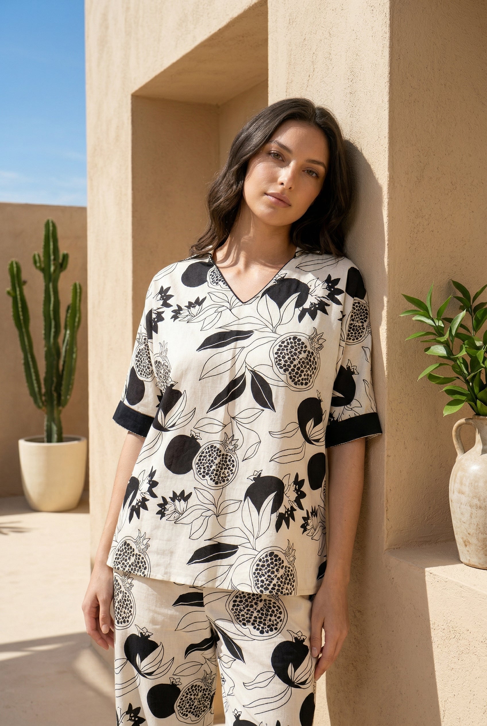 Off White Shirt Collar tropical Print Pure cotton Night Suit For Women